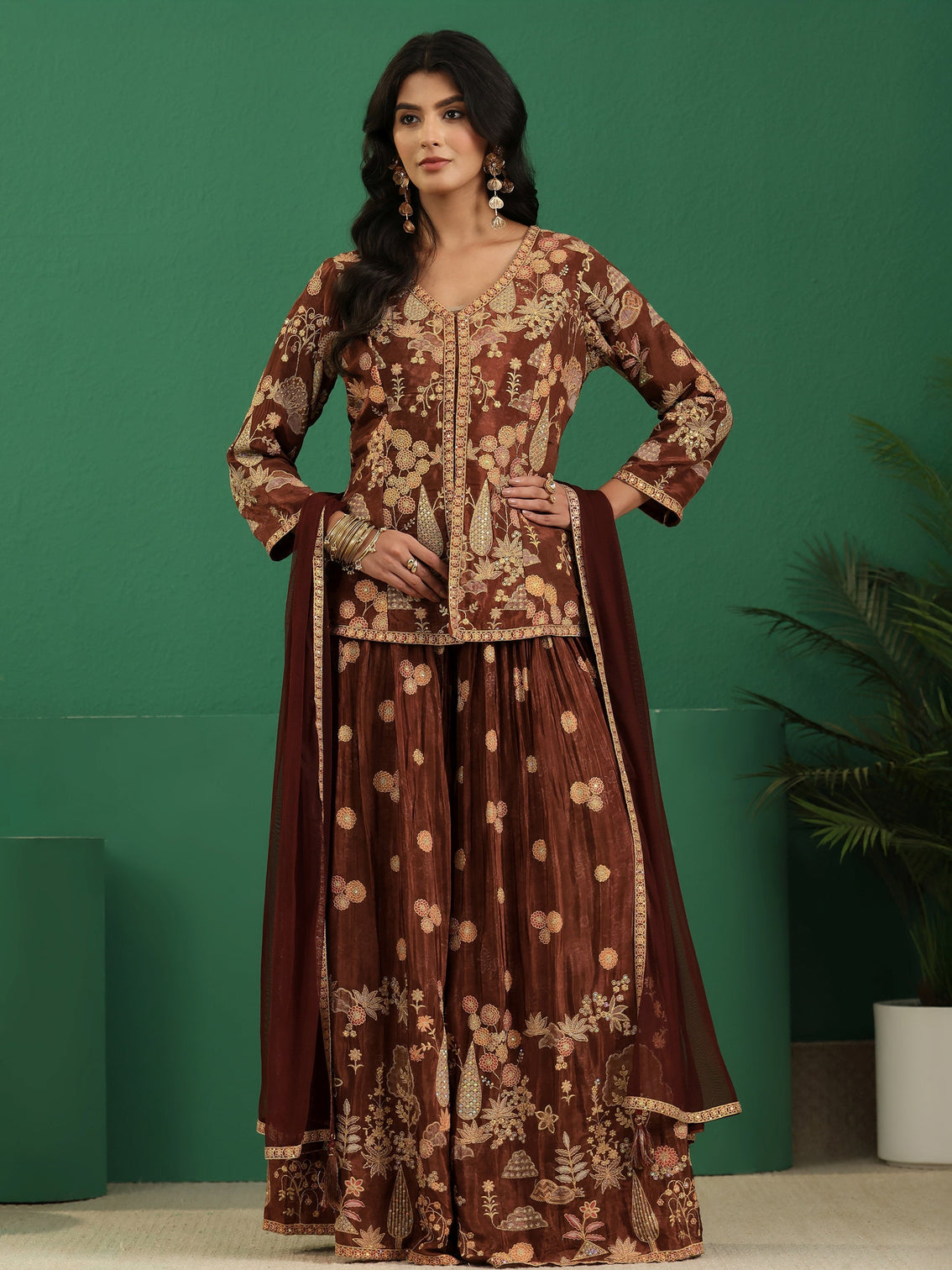 Mameraa Art Brown Floral Embroidered Silk Blend Sharara Suit Set