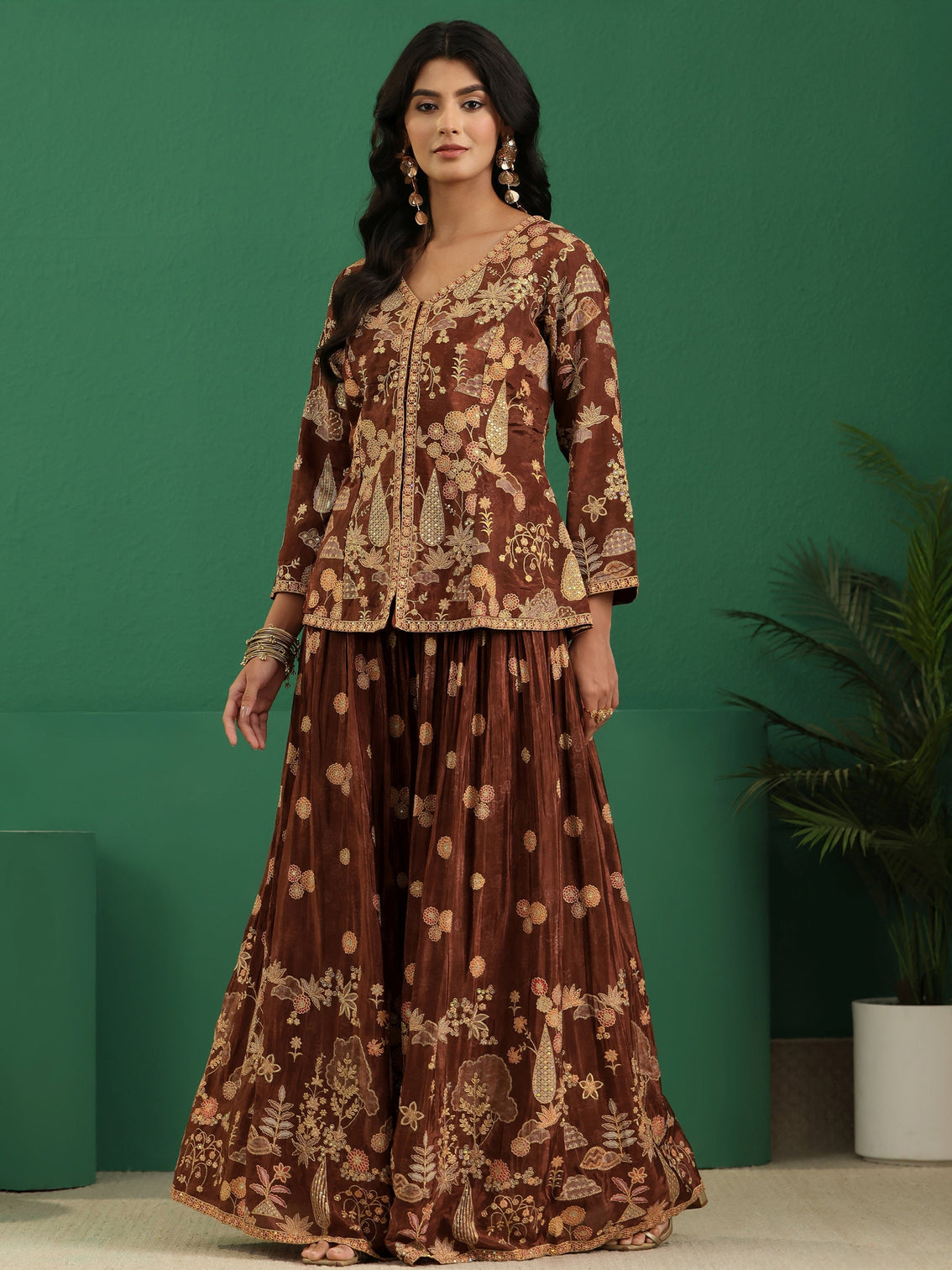 Mameraa Art Brown Floral Embroidered Silk Blend Sharara Suit Set