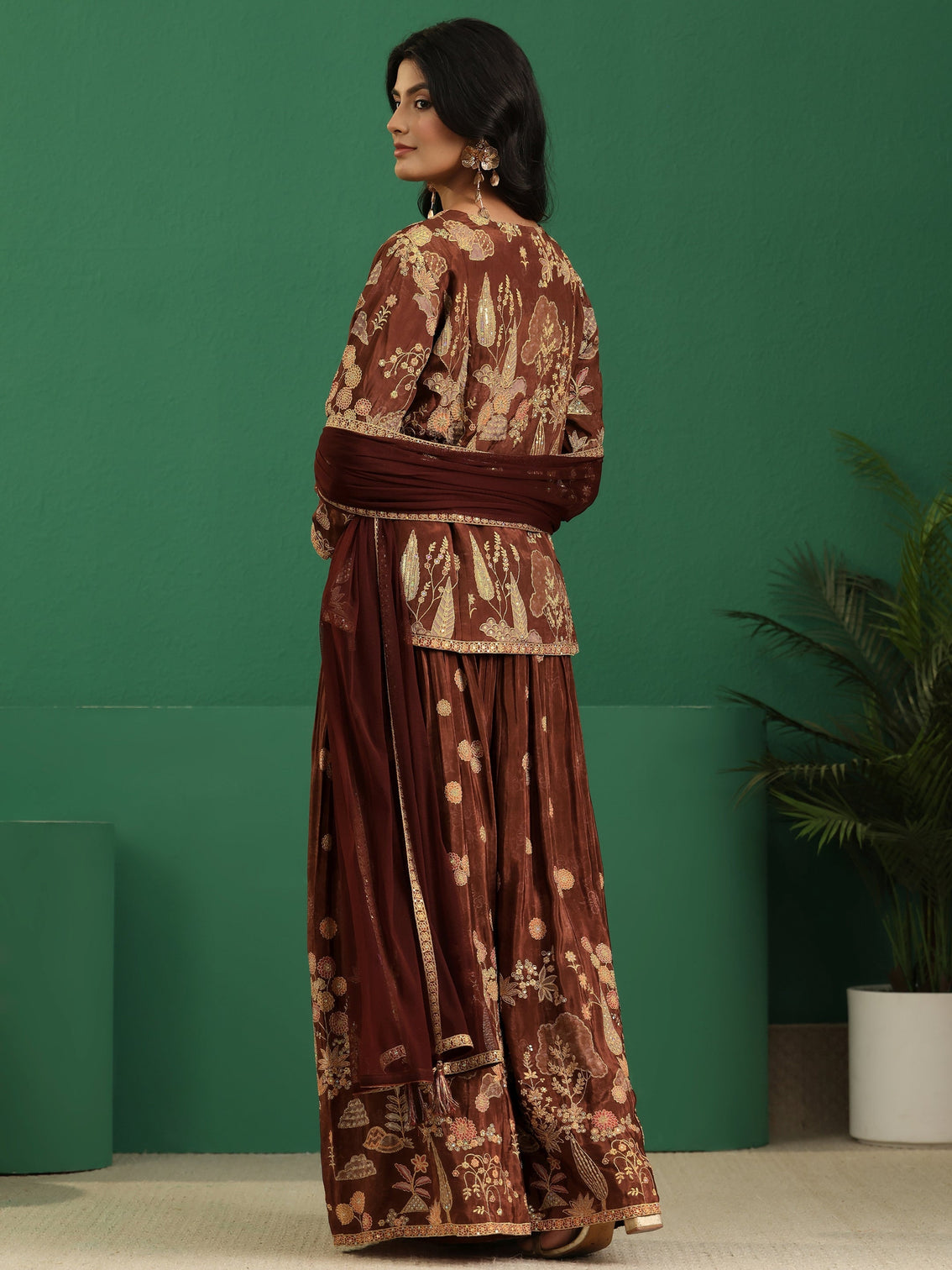 Mameraa Art Brown Floral Embroidered Silk Blend Sharara Suit Set