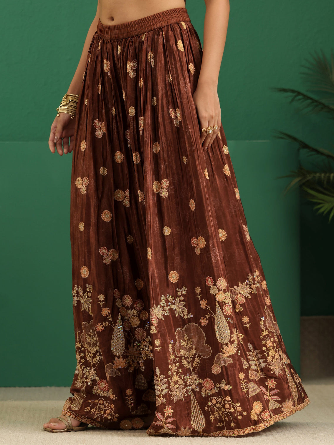 Mameraa Art Brown Floral Embroidered Silk Blend Sharara Suit Set