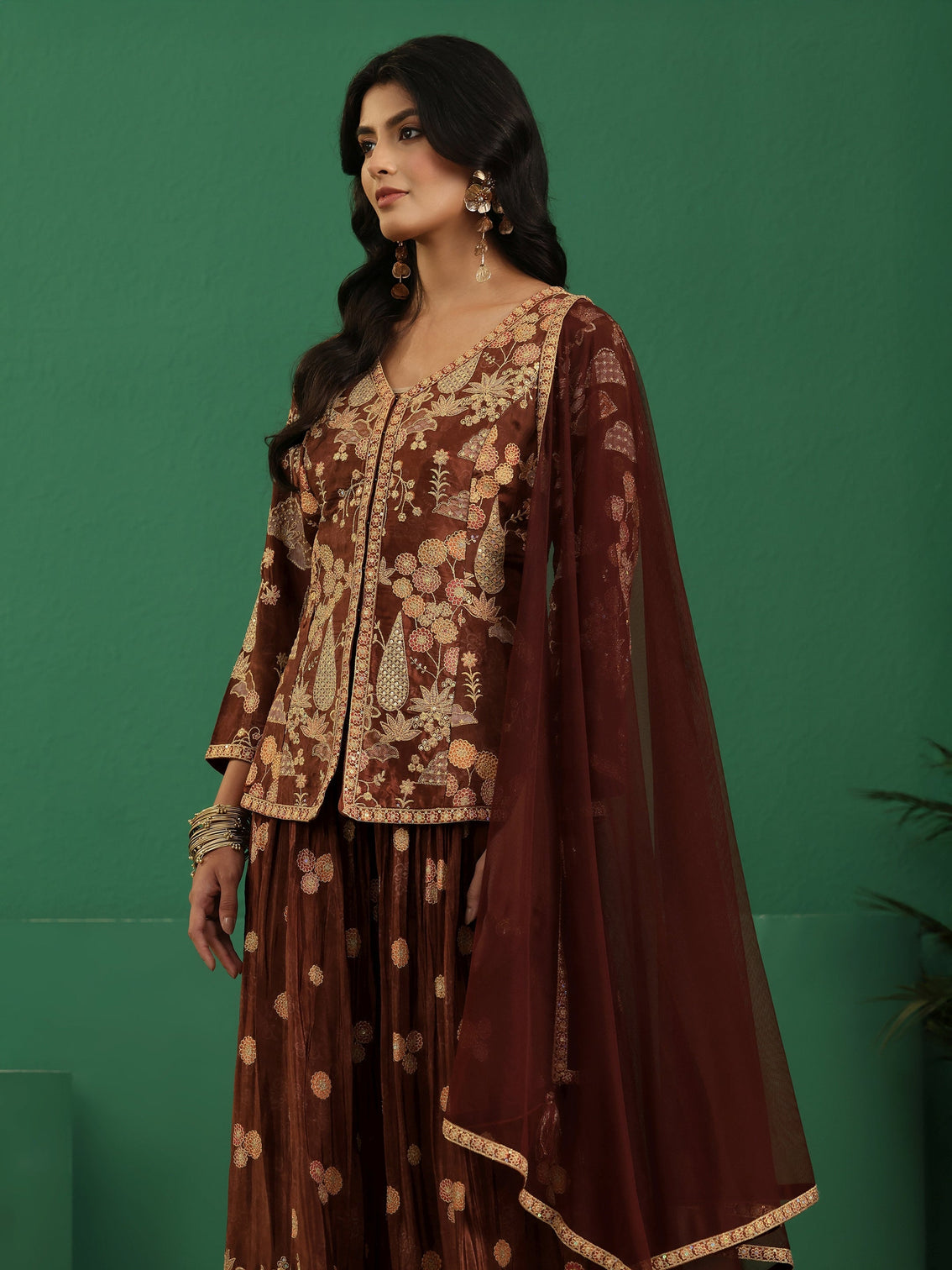 Mameraa Art Brown Floral Embroidered Silk Blend Sharara Suit Set
