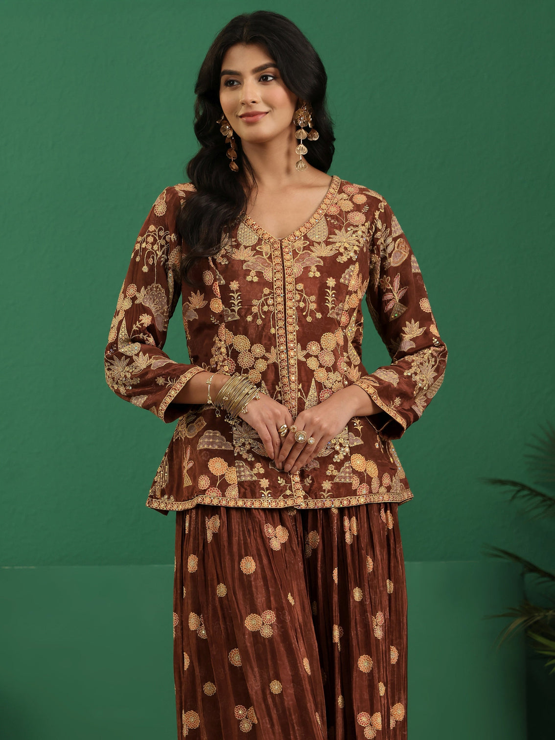Mameraa Art Brown Floral Embroidered Silk Blend Sharara Suit Set