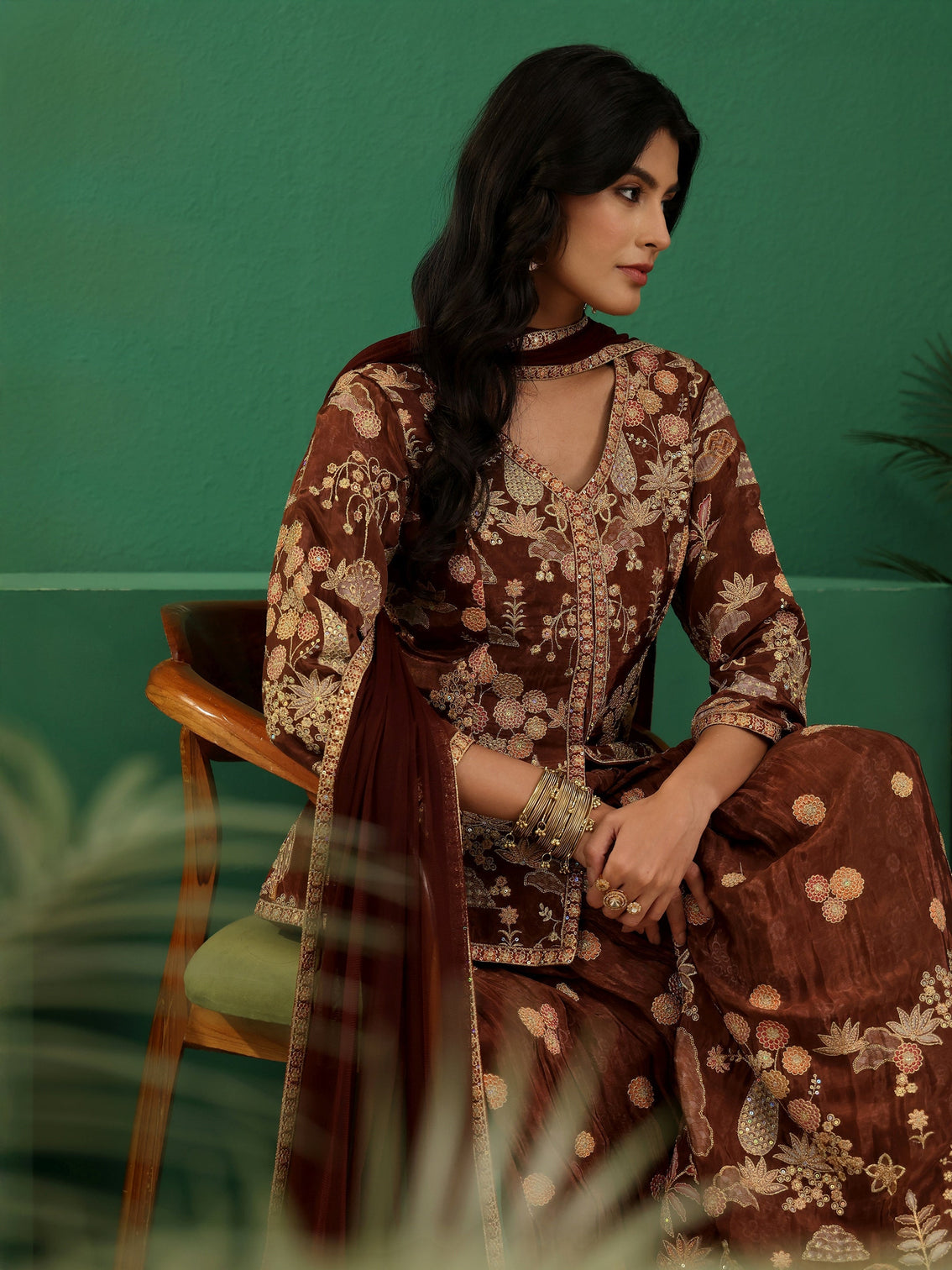 Mameraa Art Brown Floral Embroidered Silk Blend Sharara Suit Set