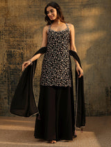Libas Art Black Strappy Floral Embroidered Georgette Palazzo Suit Set