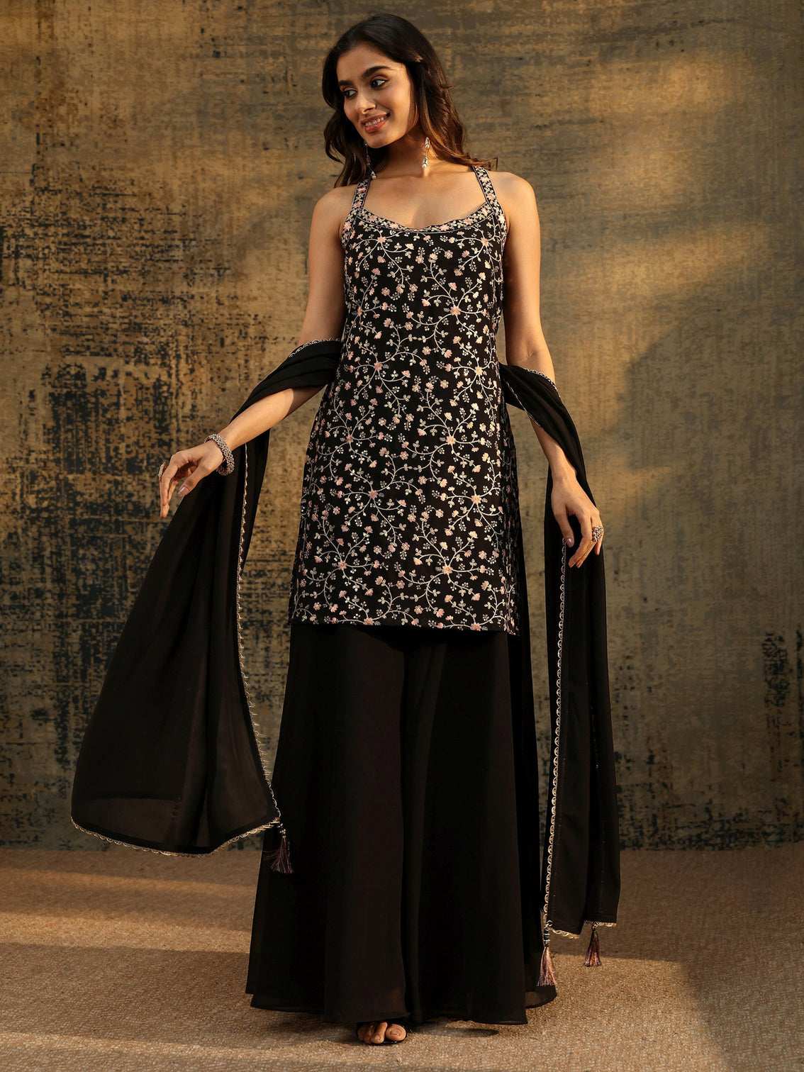 Mameraa Art Black Strappy Floral Embroidered Georgette Palazzo Suit Set