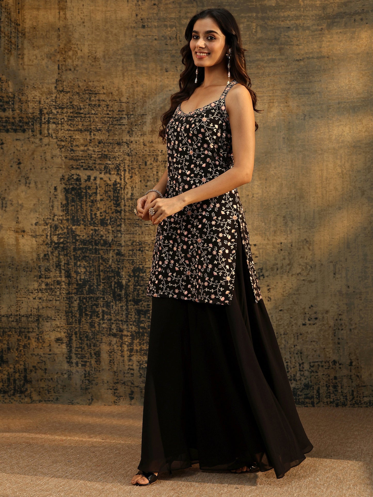 Libas Art Black Strappy Floral Embroidered Georgette Palazzo Suit Set