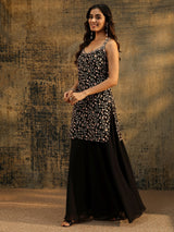 Libas Art Black Strappy Floral Embroidered Georgette Palazzo Suit Set