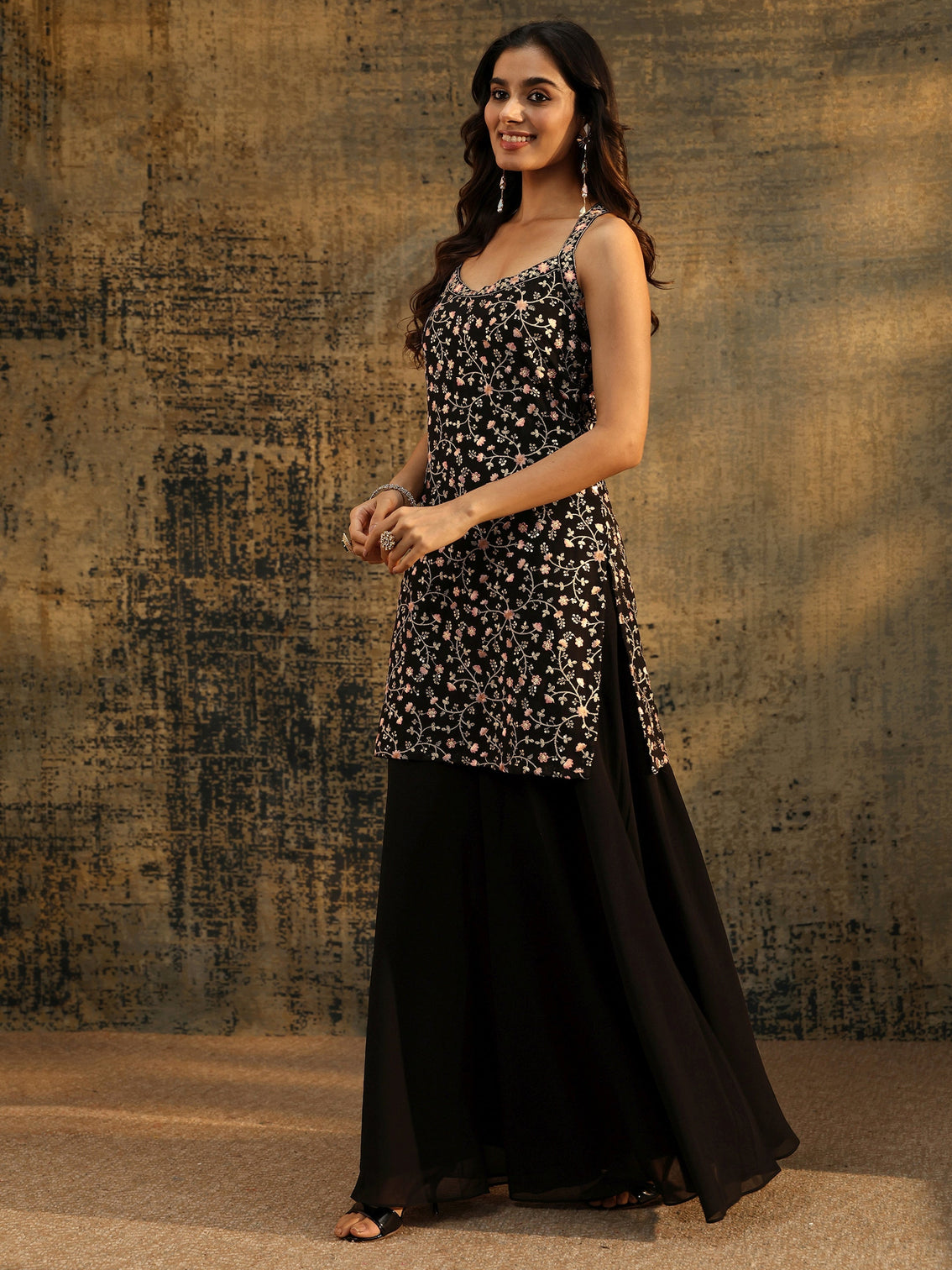 Mameraa Art Black Strappy Floral Embroidered Georgette Palazzo Suit Set
