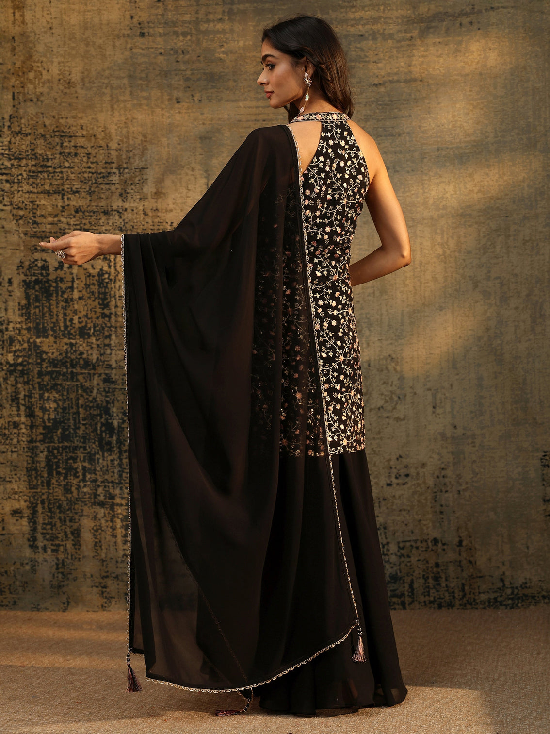 Mameraa Art Black Strappy Floral Embroidered Georgette Palazzo Suit Set