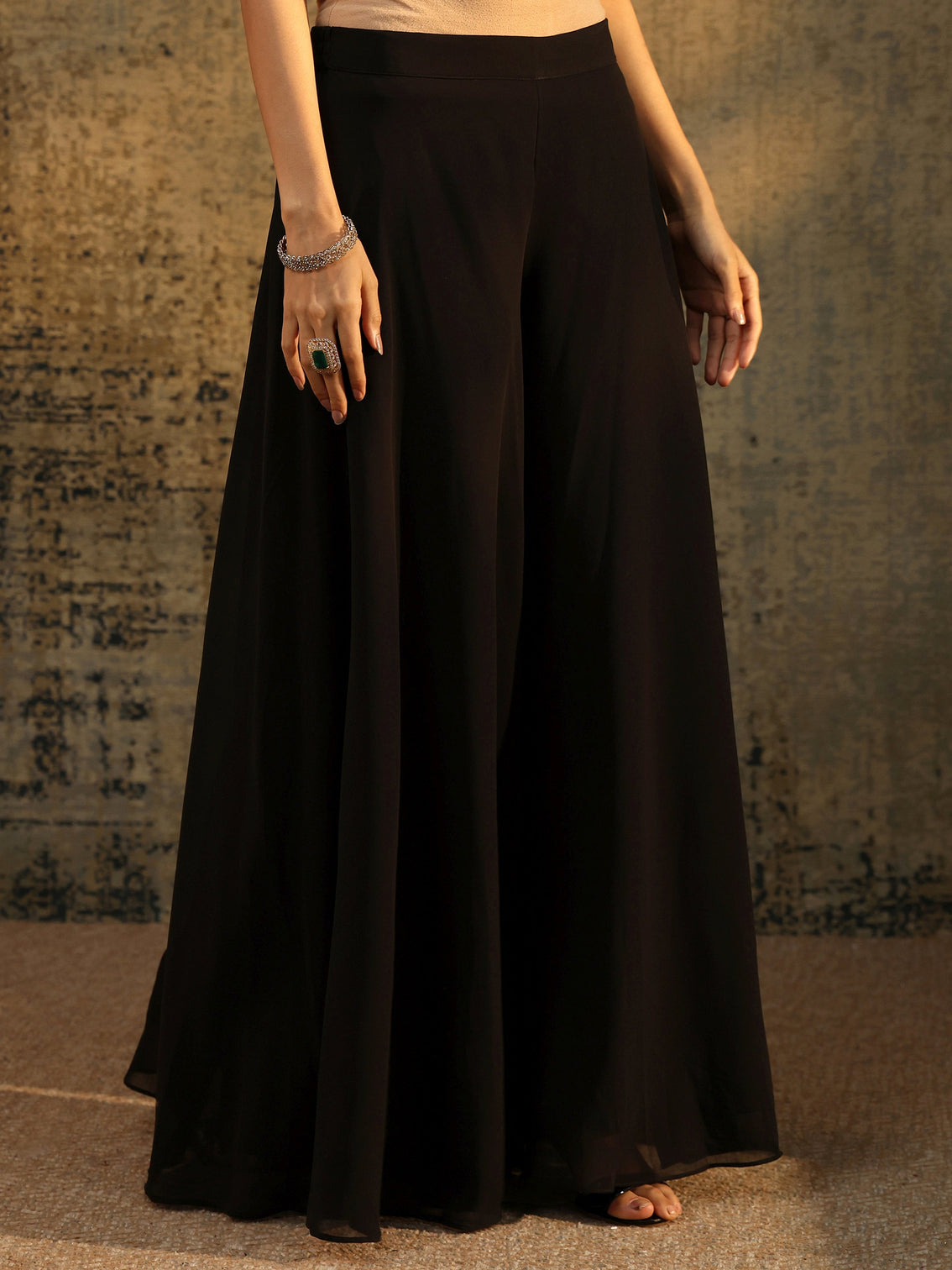 Mameraa Art Black Strappy Floral Embroidered Georgette Palazzo Suit Set