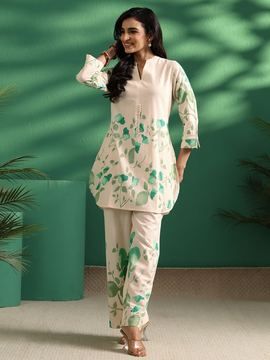 Mameraa Off White Tropical Printed Cotton Co-Ord Set