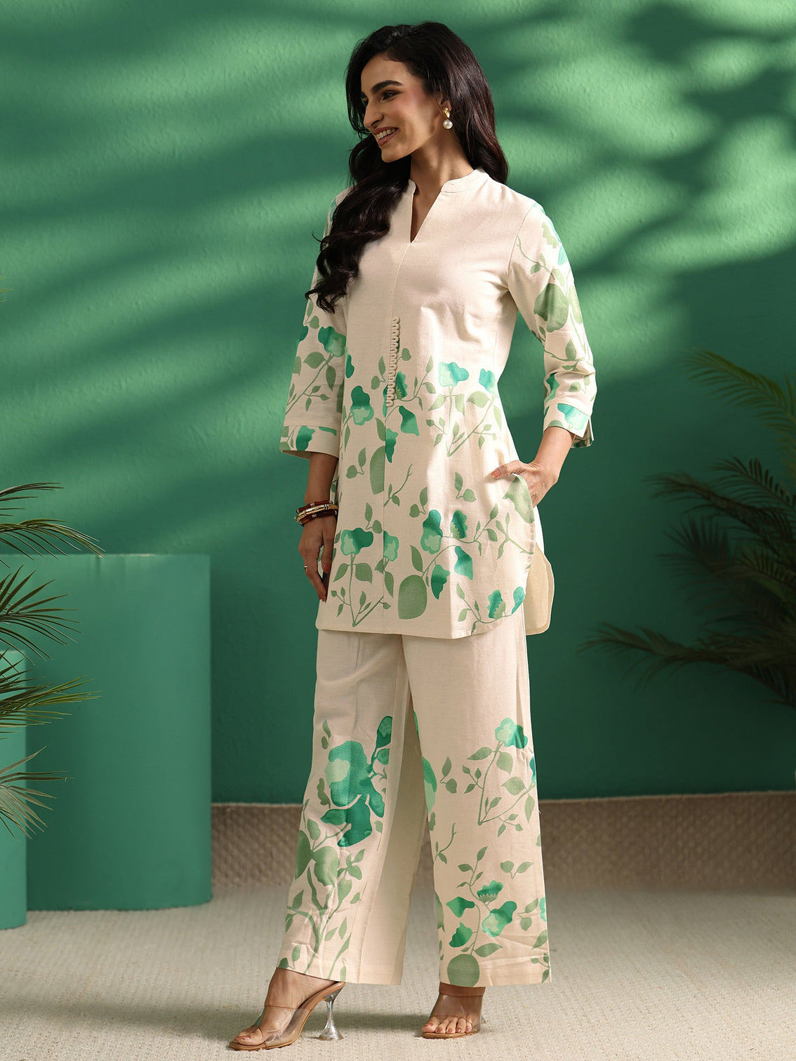 Mameraa Off White Tropical Printed Cotton Co-Ord Set