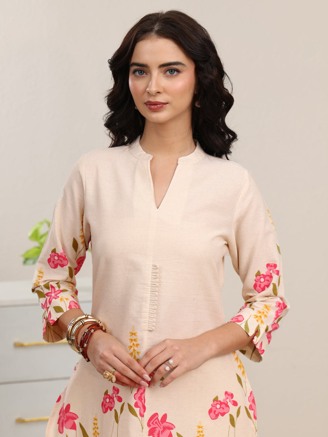 Mameraa Off White Floral Printed Cotton Co-Ord Set