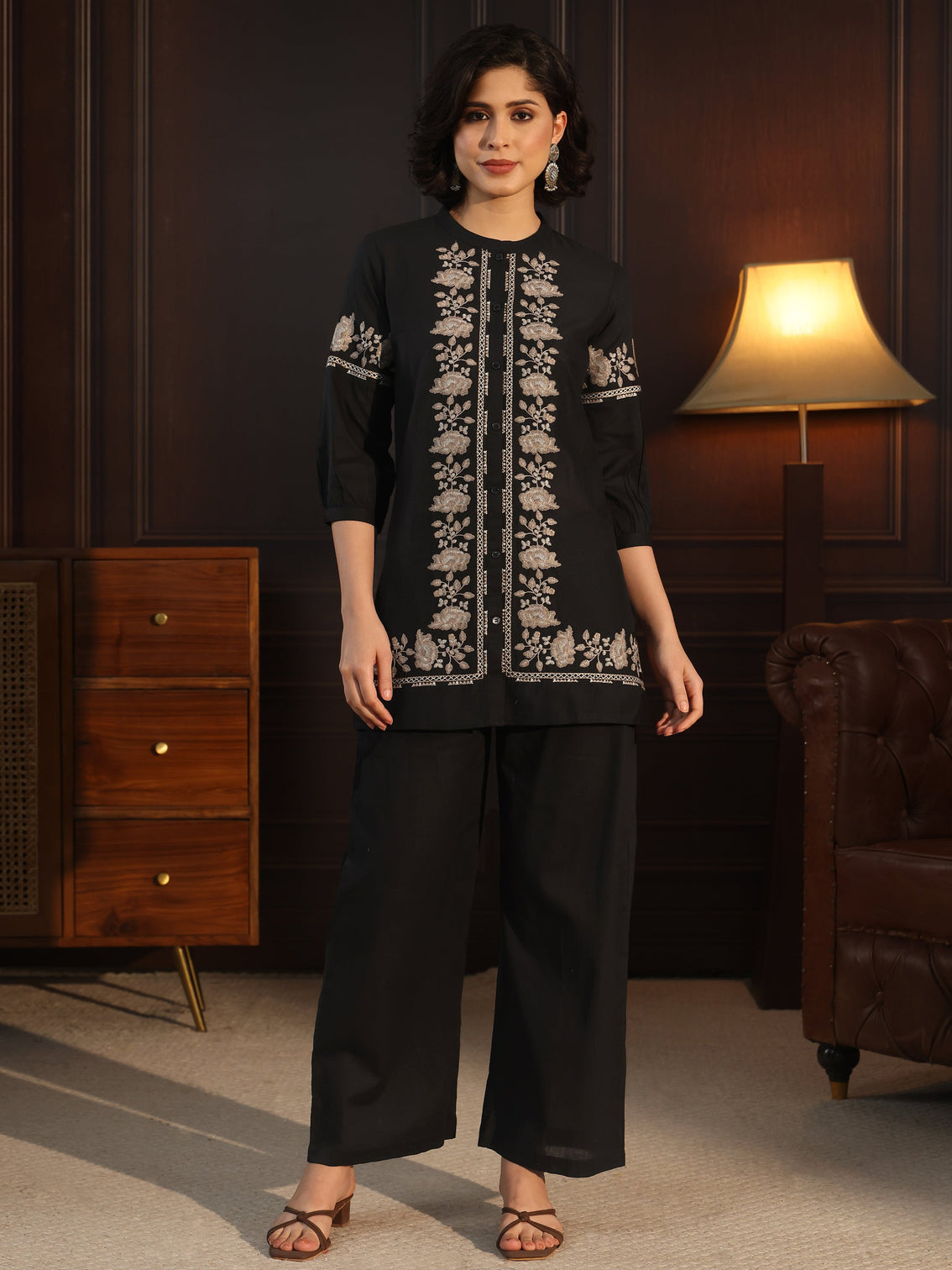 Mameraa Black Floral Embroidered Silk Blend Co-Ord Set