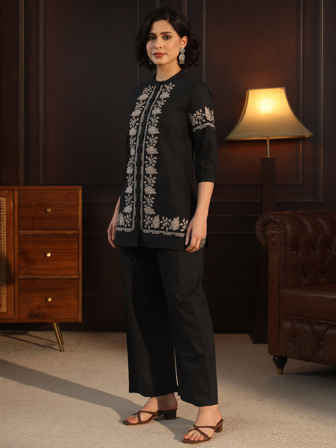 Mameraa Black Floral Embroidered Silk Blend Co-Ord Set
