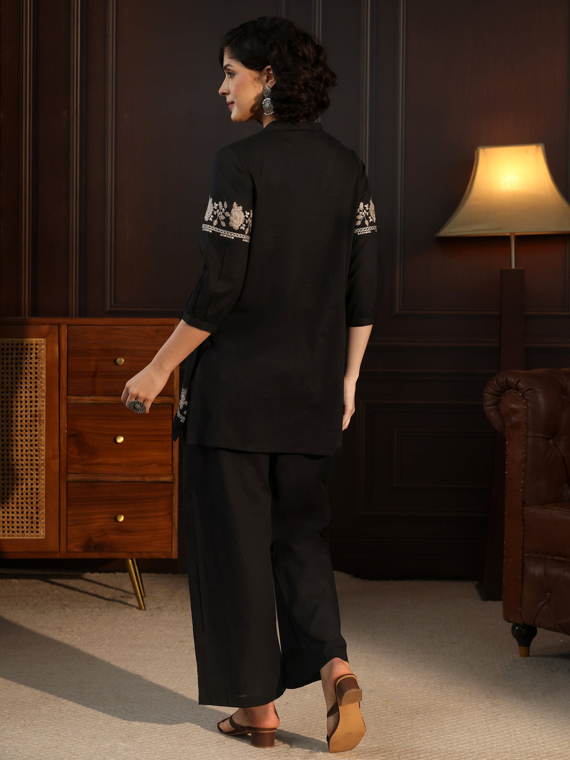Mameraa Black Floral Embroidered Silk Blend Co-Ord Set