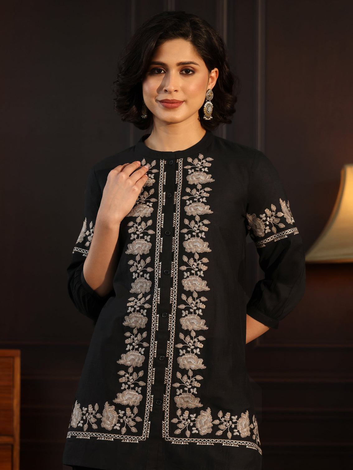 Mameraa Black Floral Embroidered Silk Blend Co-Ord Set