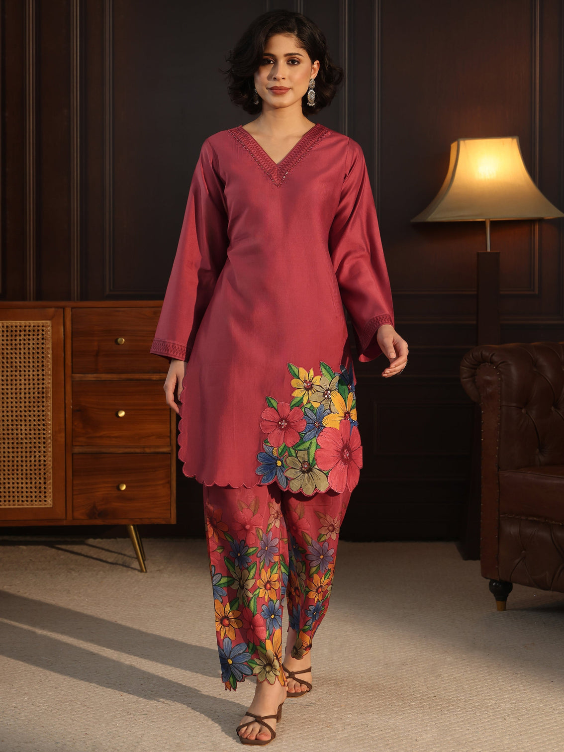 Mameraa Rust Red Floral Embroidered Silk Blend Co-Ord Set