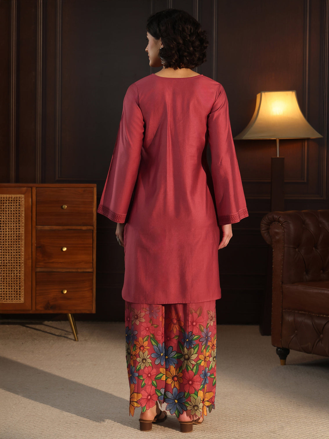 Mameraa Rust Red Floral Embroidered Silk Blend Co-Ord Set