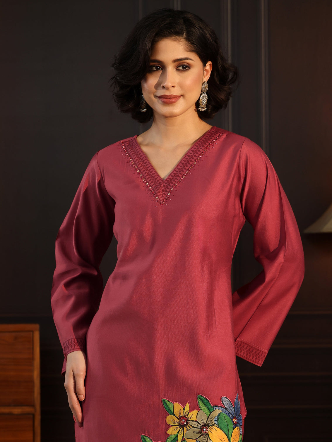Mameraa Rust Red Floral Embroidered Silk Blend Co-Ord Set