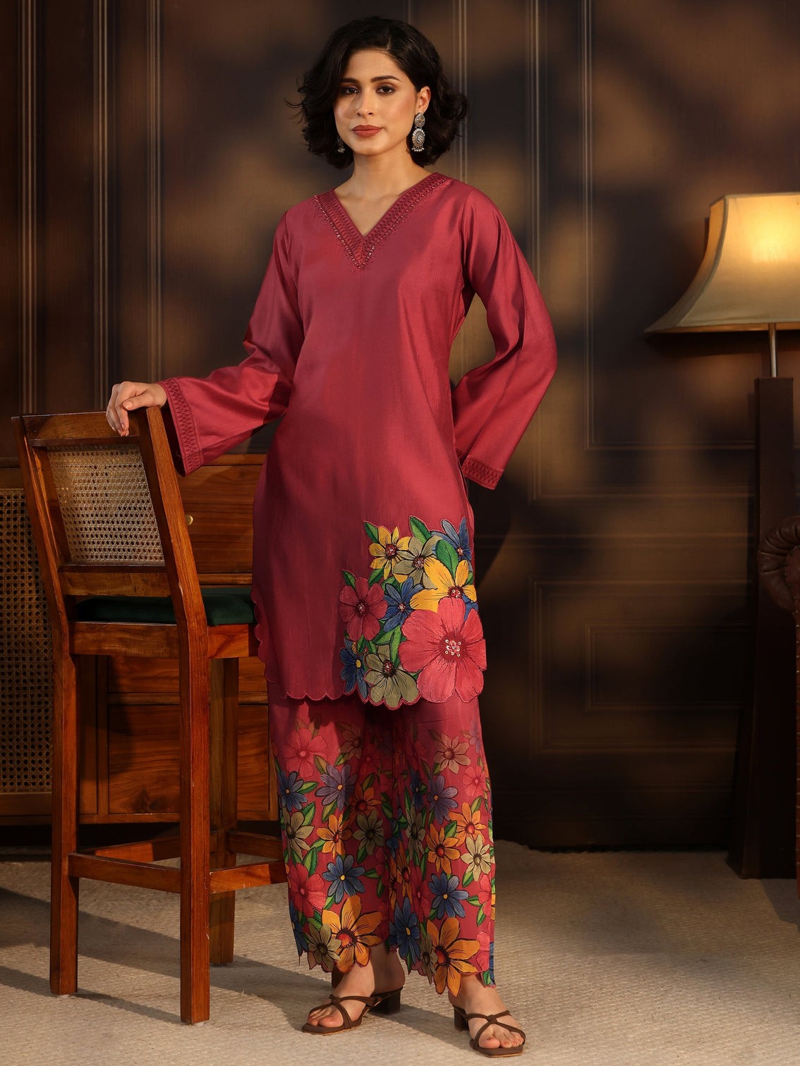 Mameraa Rust Red Floral Embroidered Silk Blend Co-Ord Set