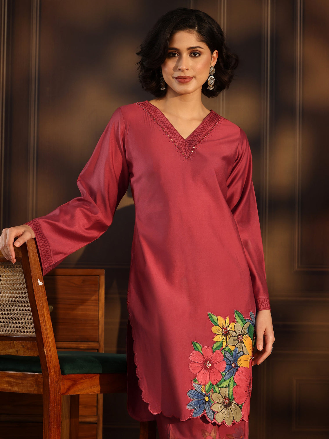 Mameraa Rust Red Floral Embroidered Silk Blend Co-Ord Set