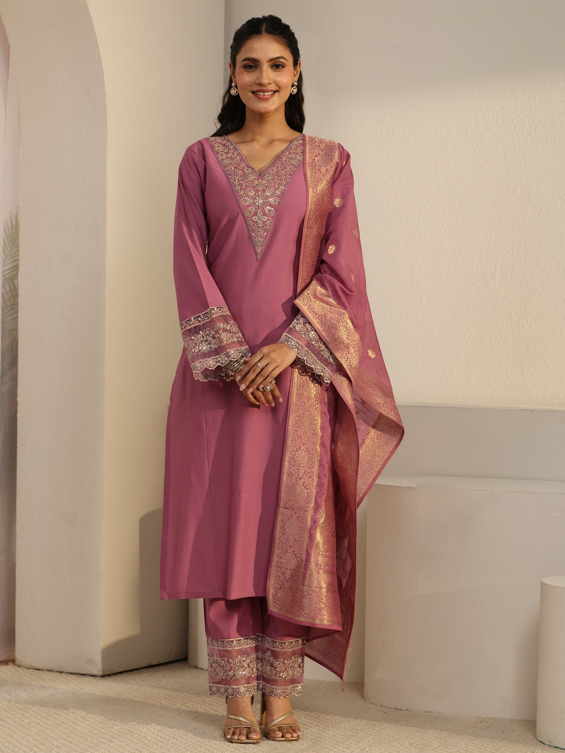 Mameraa Dusty Pink Floral Yoke Silk Blend Straight Suit Set