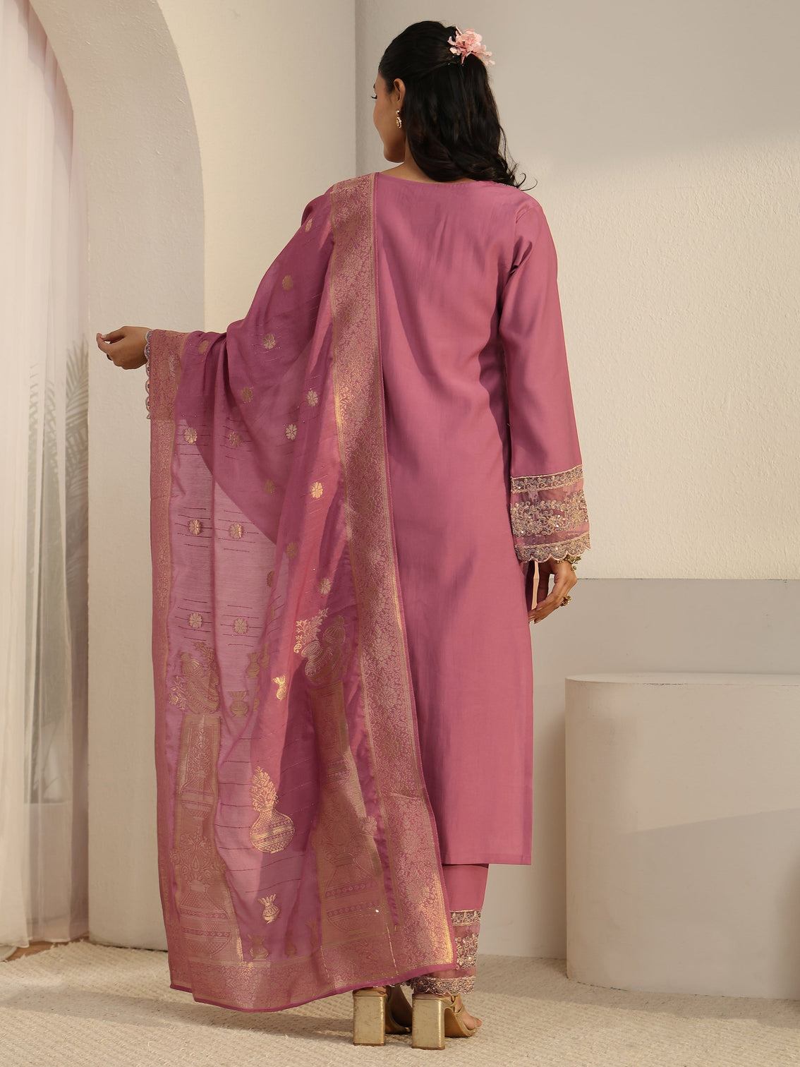 Mameraa Dusty Pink Floral Yoke Silk Blend Straight Suit Set