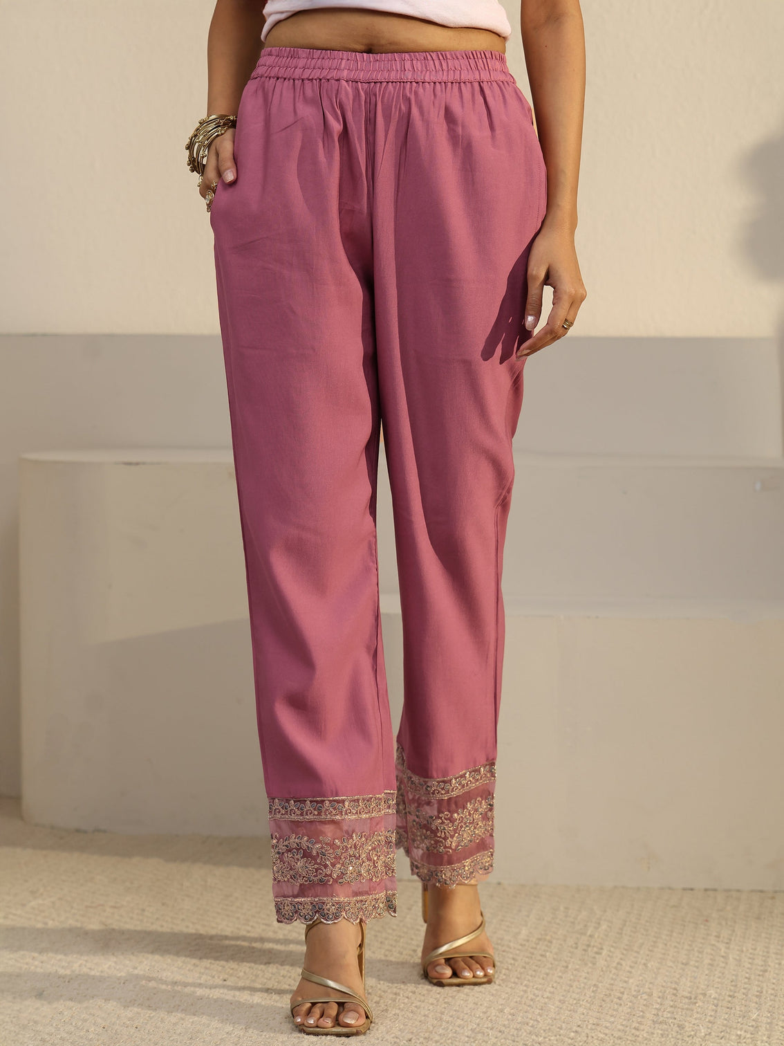 Mameraa Dusty Pink Floral Yoke Silk Blend Straight Suit Set