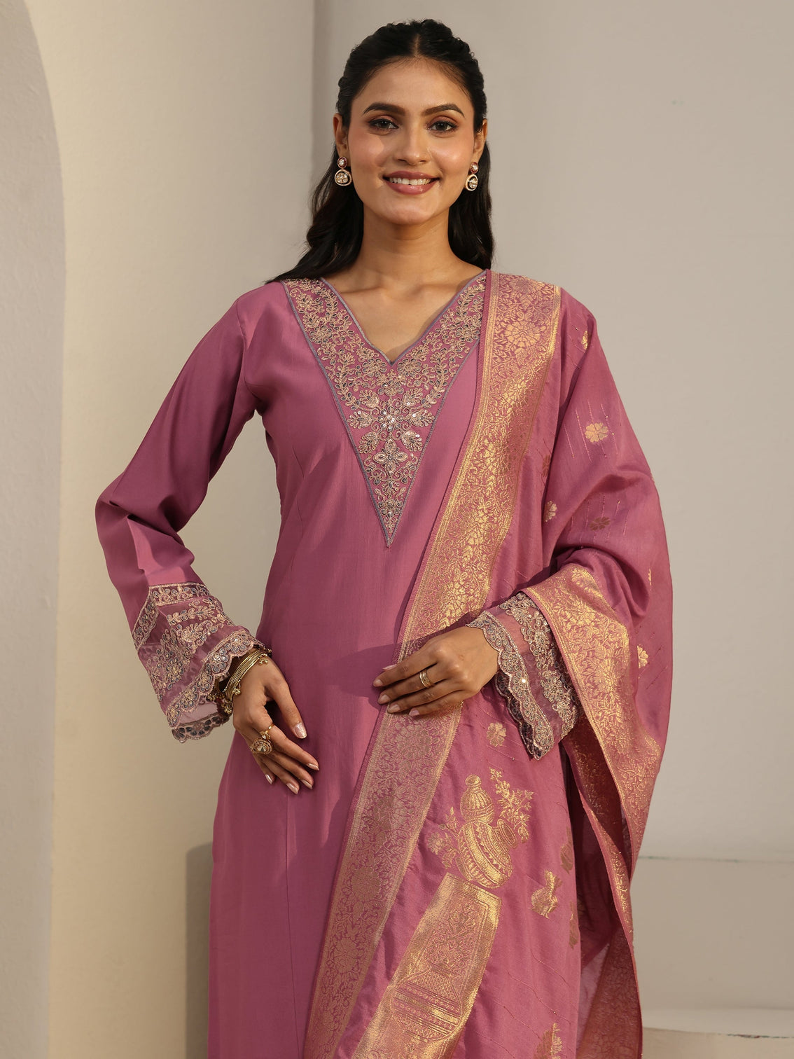 Mameraa Dusty Pink Floral Yoke Silk Blend Straight Suit Set