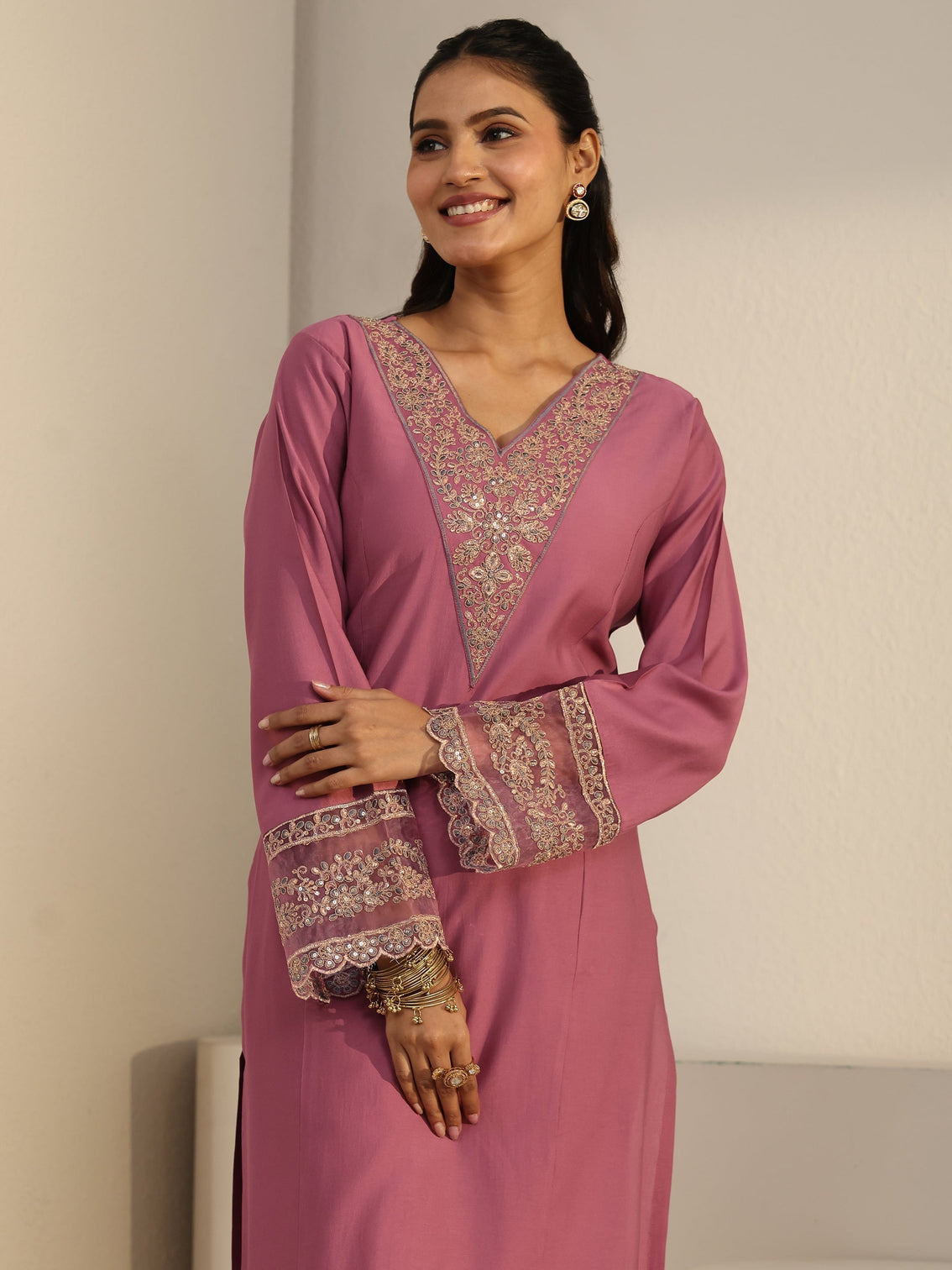 Mameraa Dusty Pink Floral Yoke Silk Blend Straight Suit Set