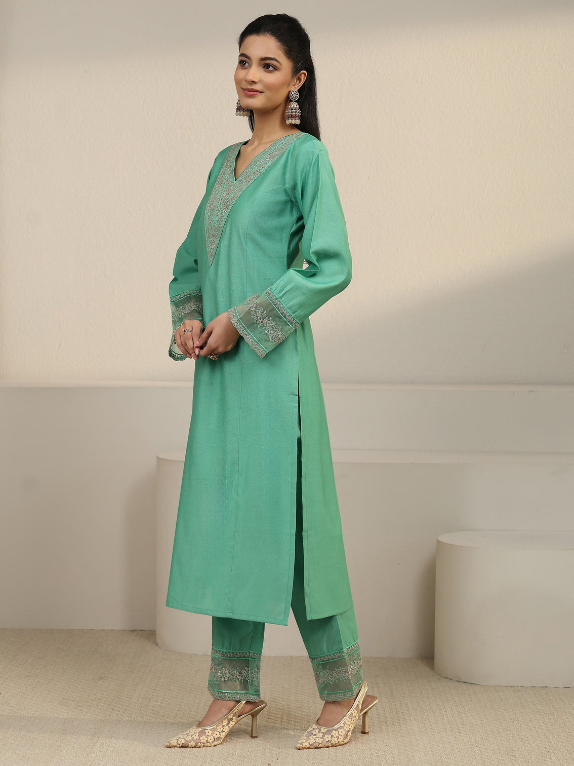 Mameraa Sea Green Floral Yoke Silk Blend Straight Suit Set