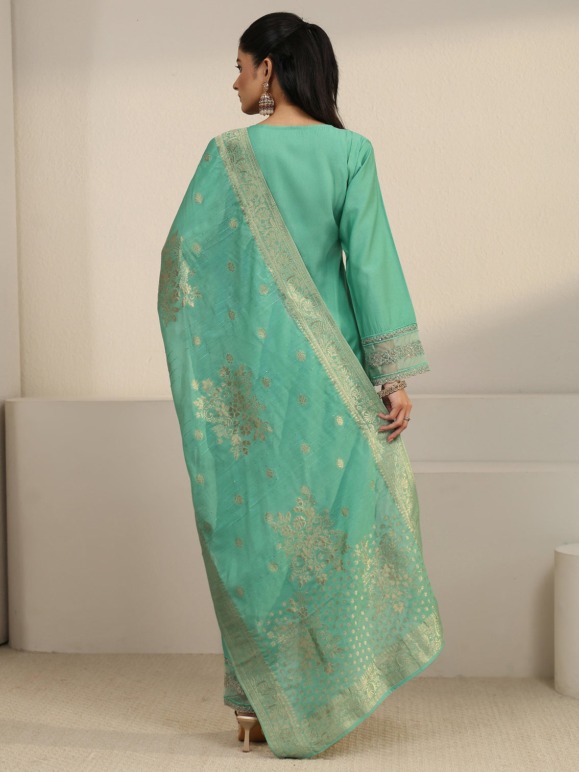 Mameraa Sea Green Floral Yoke Silk Blend Straight Suit Set