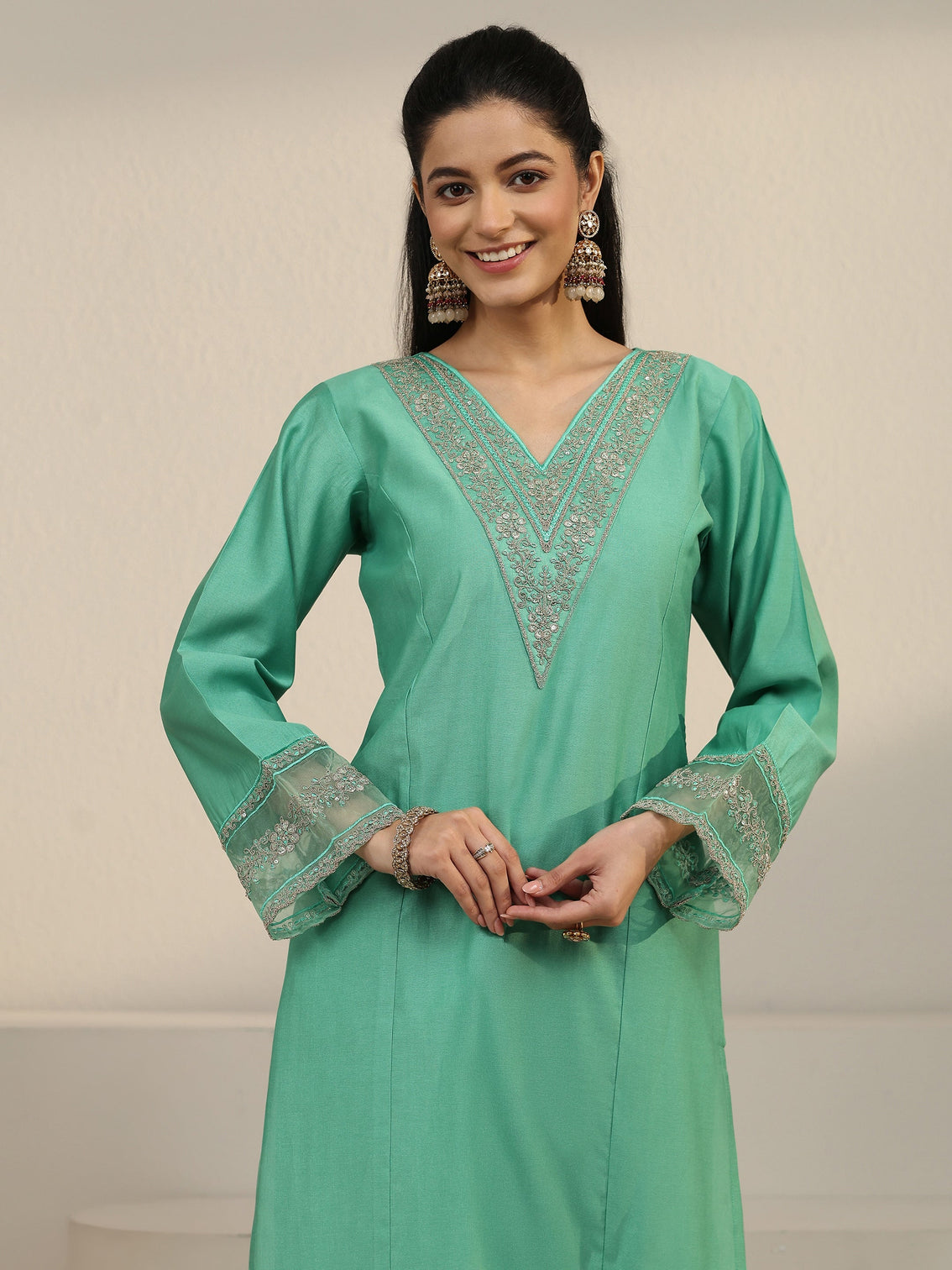 Mameraa Sea Green Floral Yoke Silk Blend Straight Suit Set