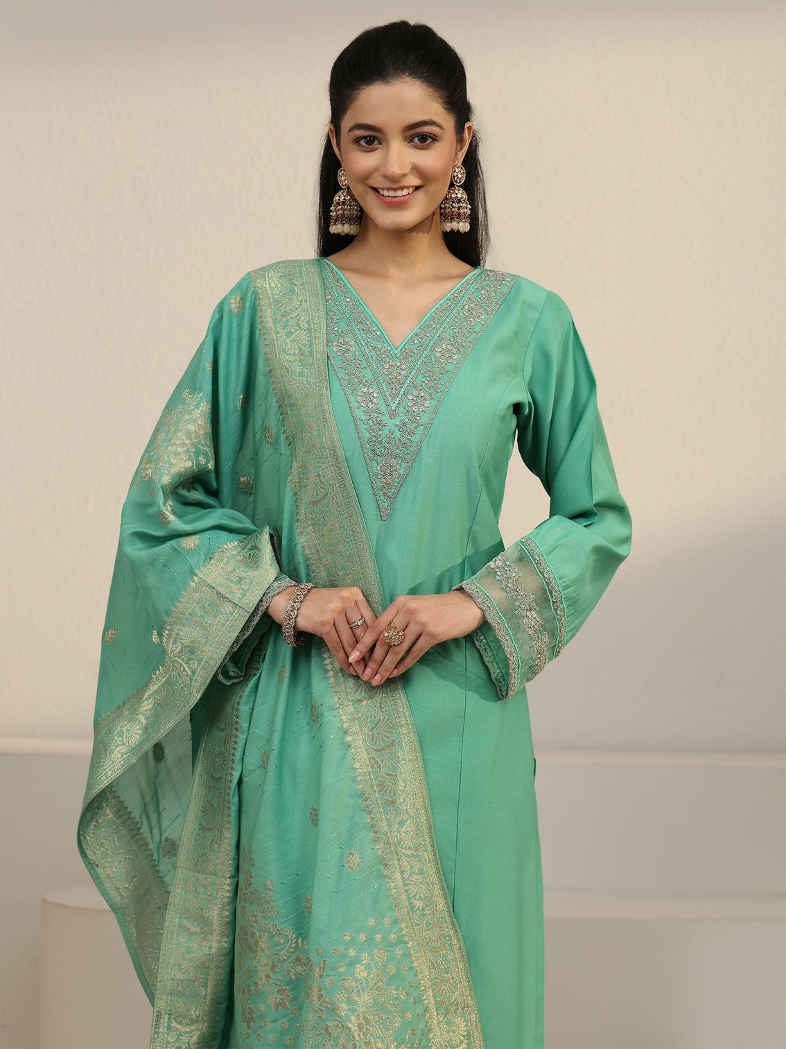 Mameraa Sea Green Floral Yoke Silk Blend Straight Suit Set