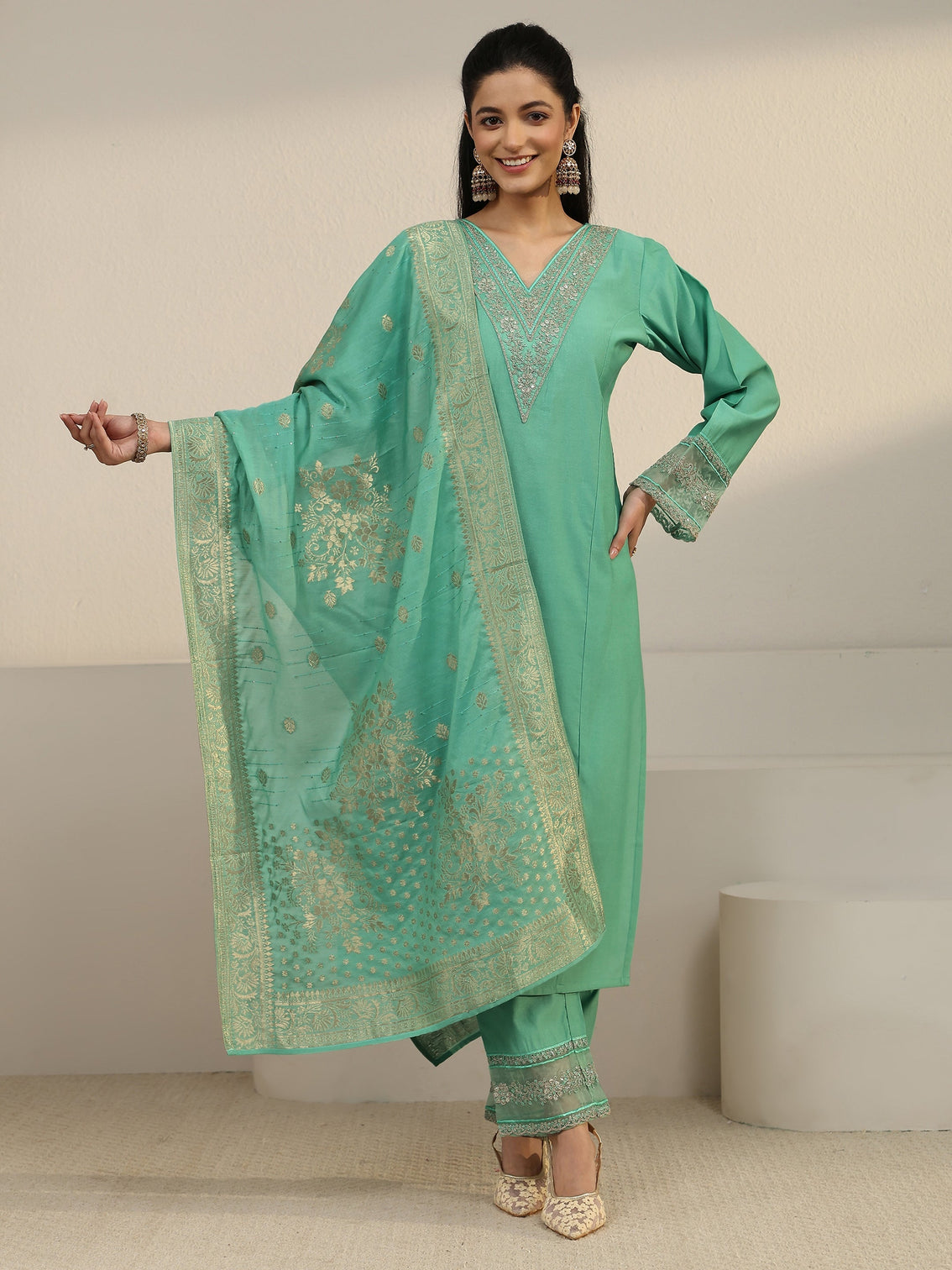 Mameraa Sea Green Floral Yoke Silk Blend Straight Suit Set