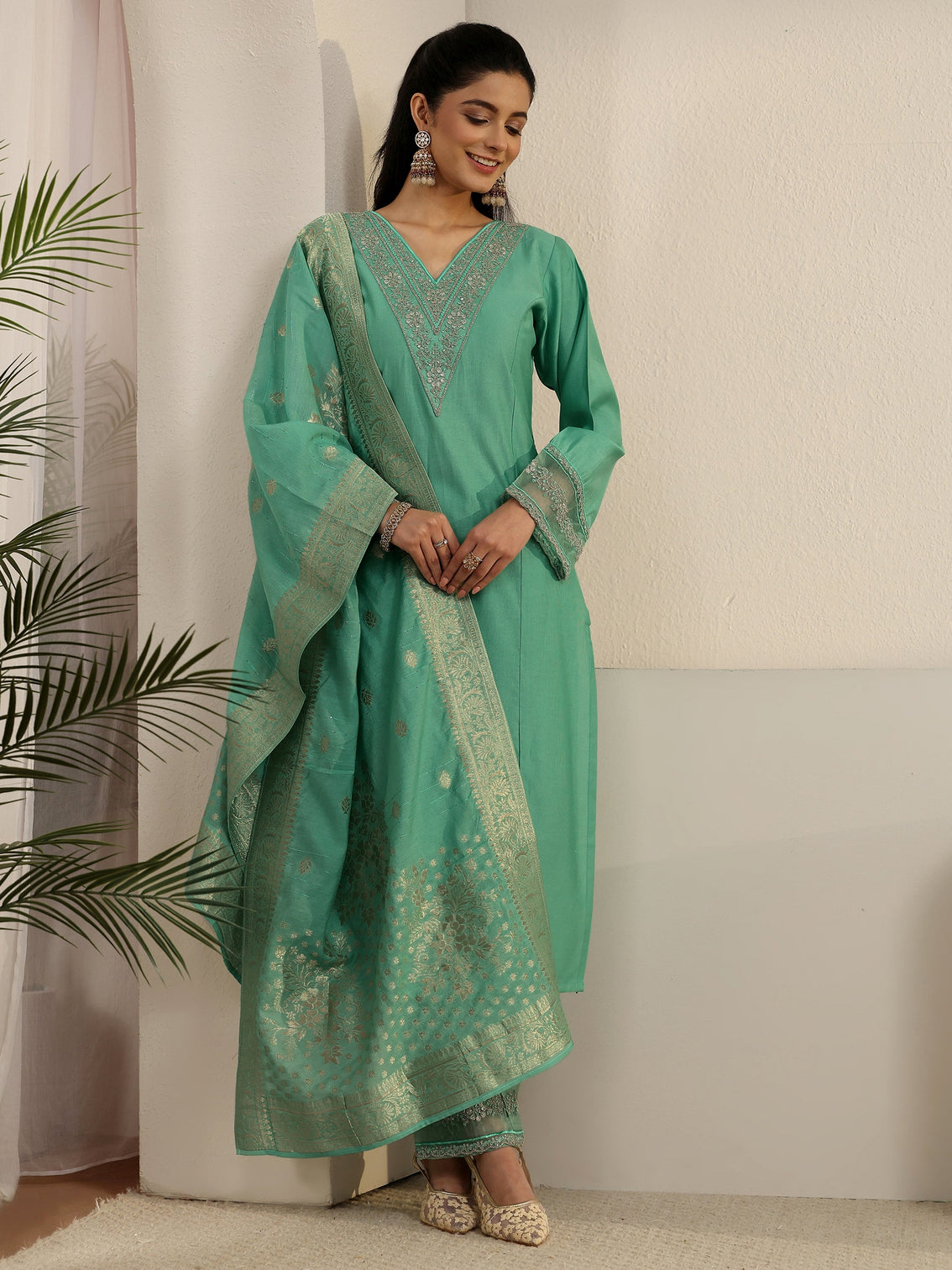 Mameraa Sea Green Floral Yoke Silk Blend Straight Suit Set