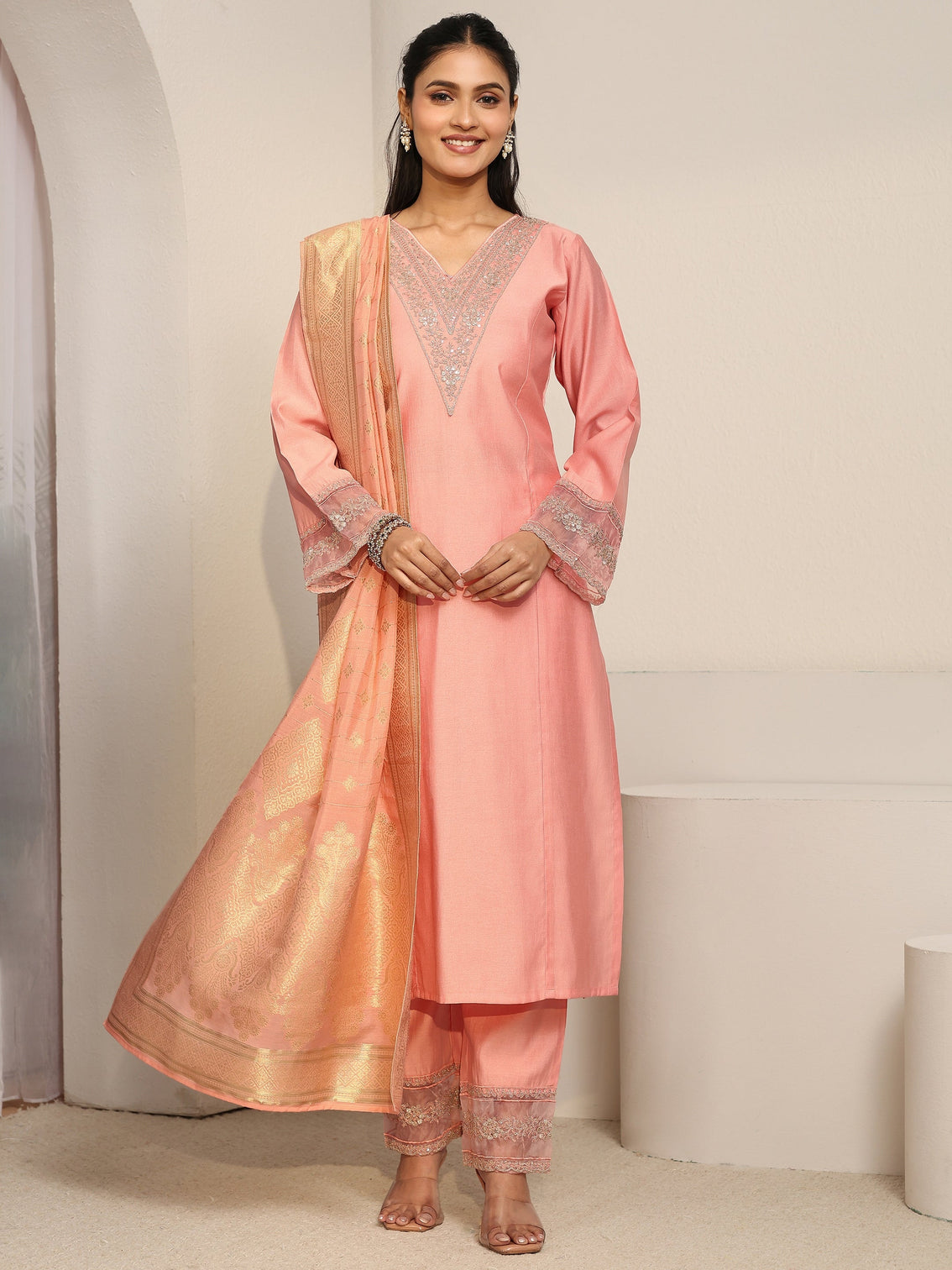 Mameraa Peach Pink Floral Yoke Silk Blend Straight Suit Set