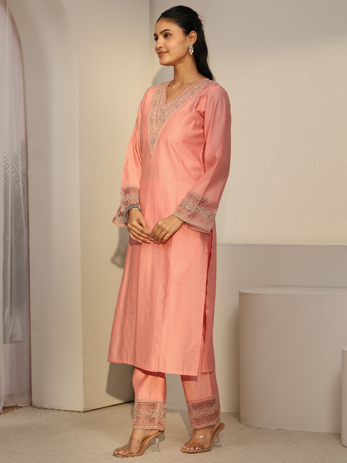 Mameraa Peach Pink Floral Yoke Silk Blend Straight Suit Set