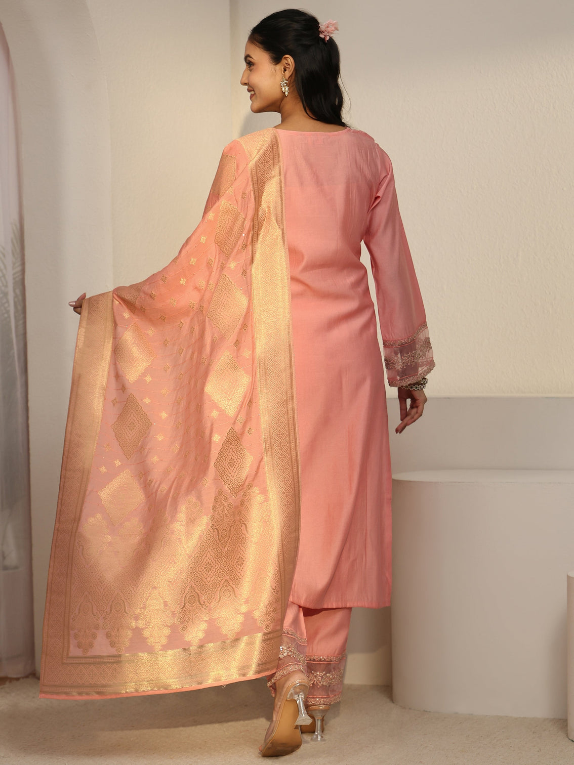Mameraa Peach Pink Floral Yoke Silk Blend Straight Suit Set