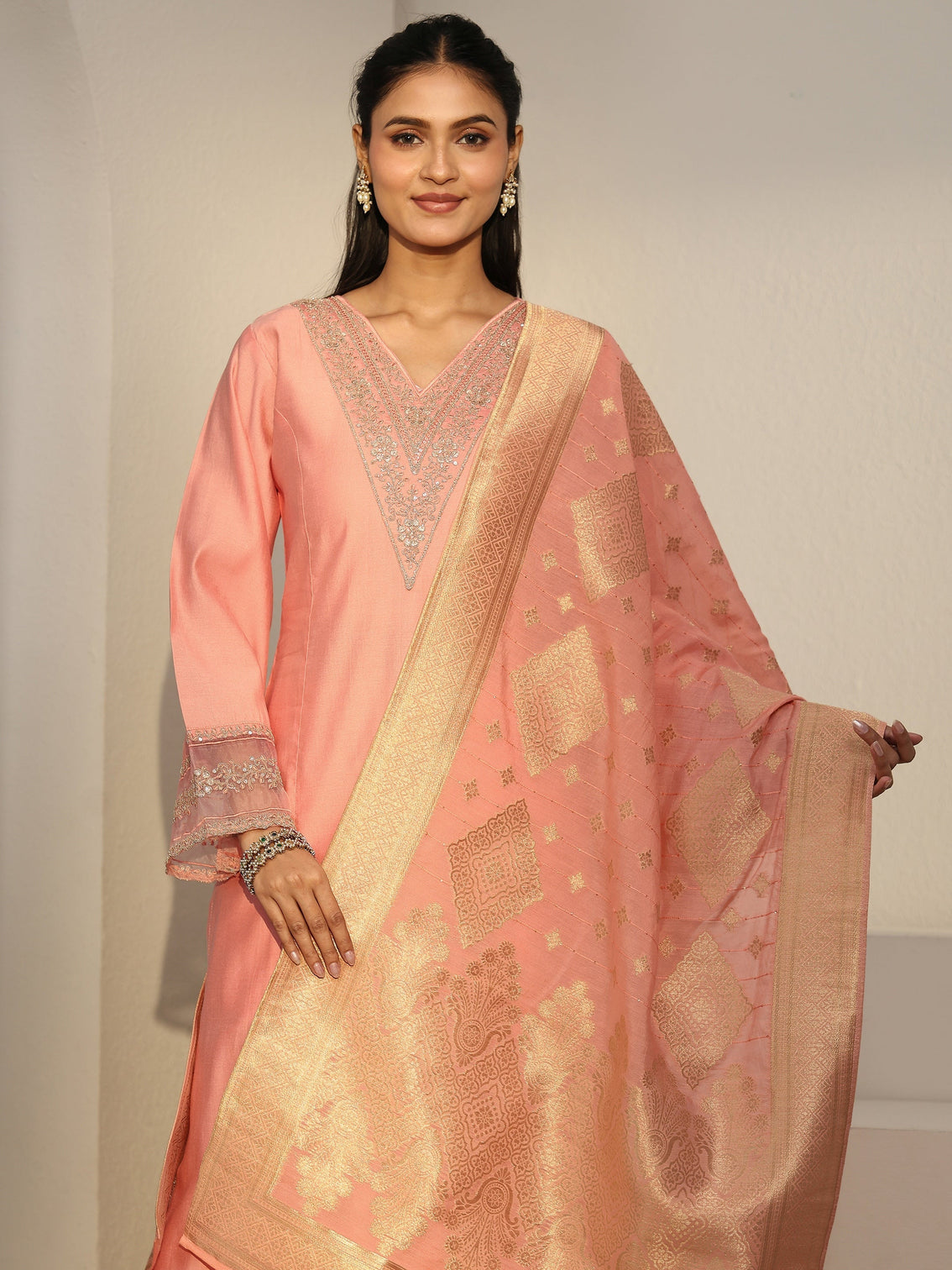 Mameraa Peach Pink Floral Yoke Silk Blend Straight Suit Set