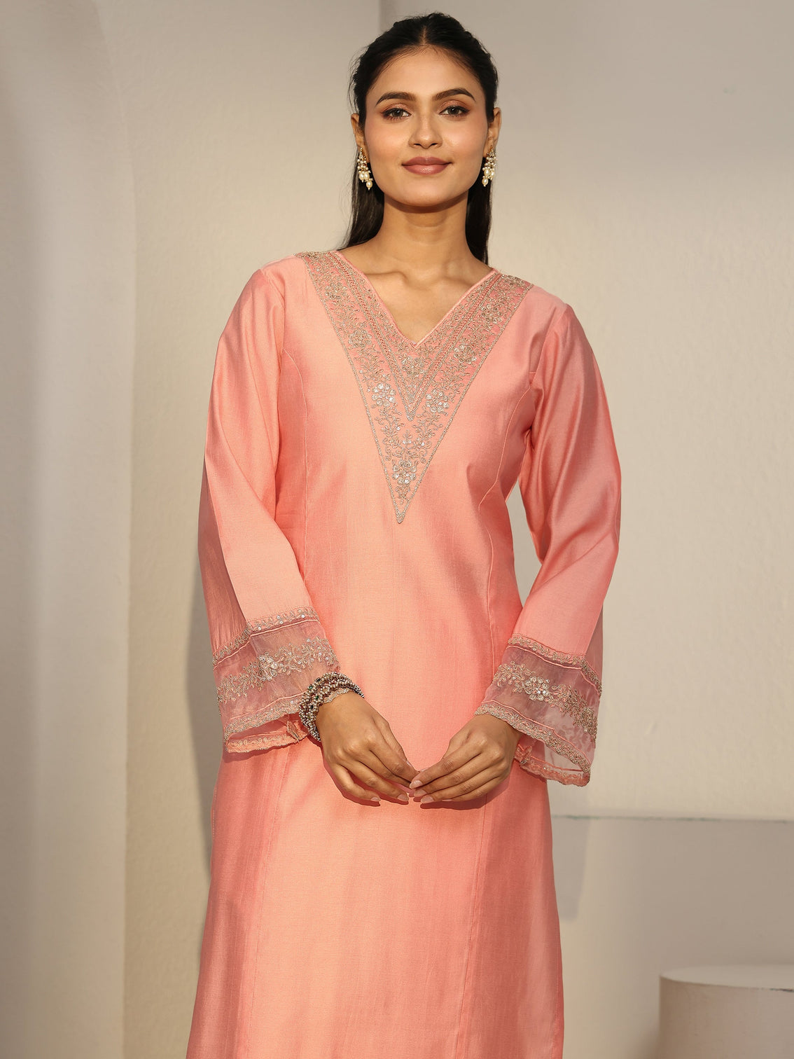 Mameraa Peach Pink Floral Yoke Silk Blend Straight Suit Set