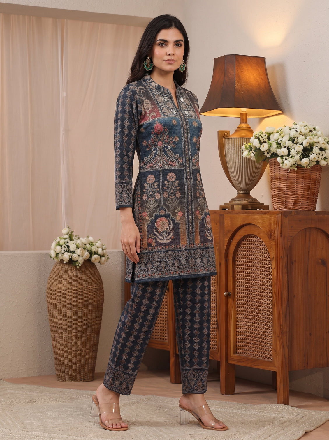 Mameraa Blue Floral Printed Woolen Co-Ord Set