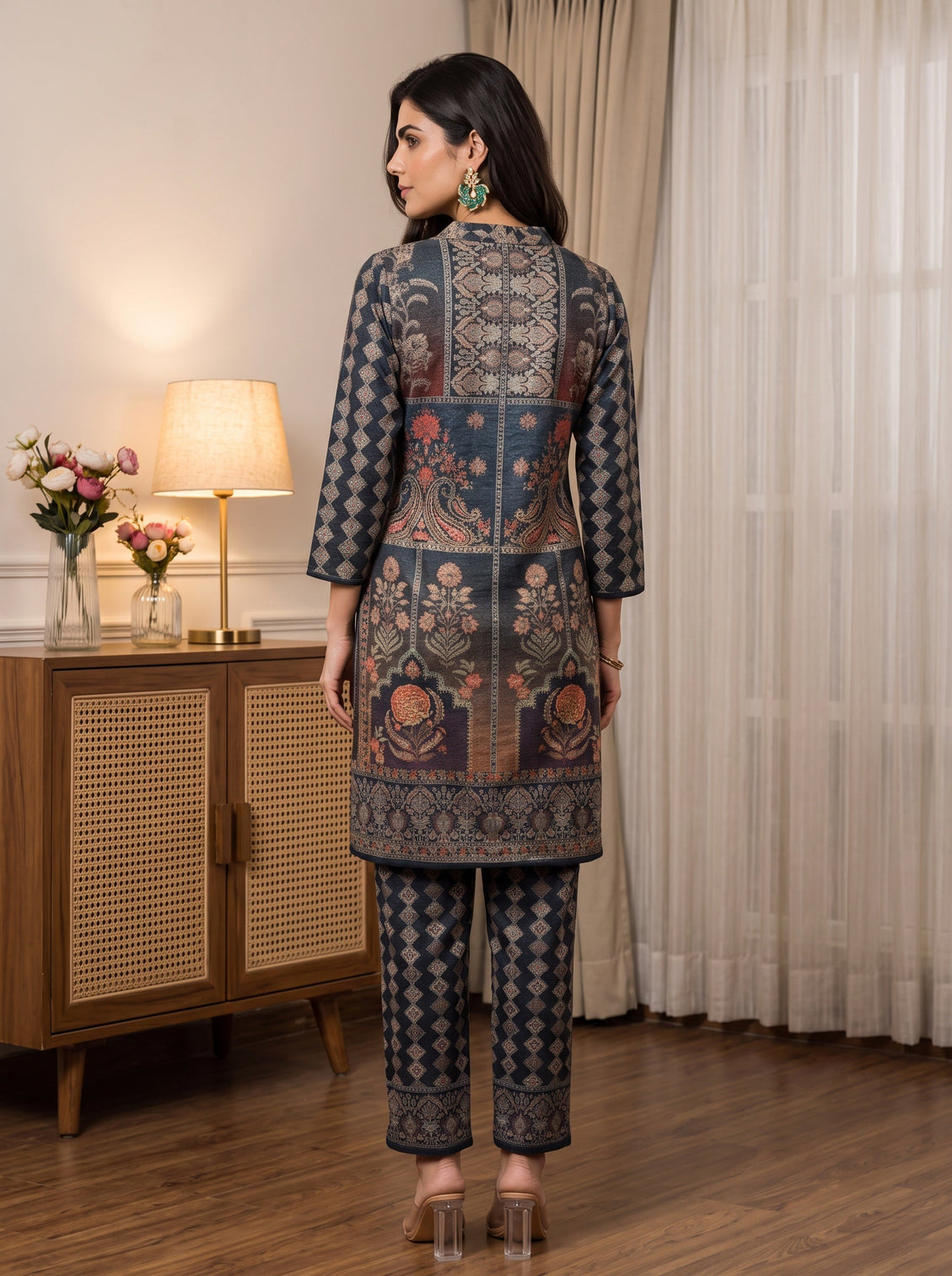 Mameraa Blue Floral Printed Woolen Co-Ord Set