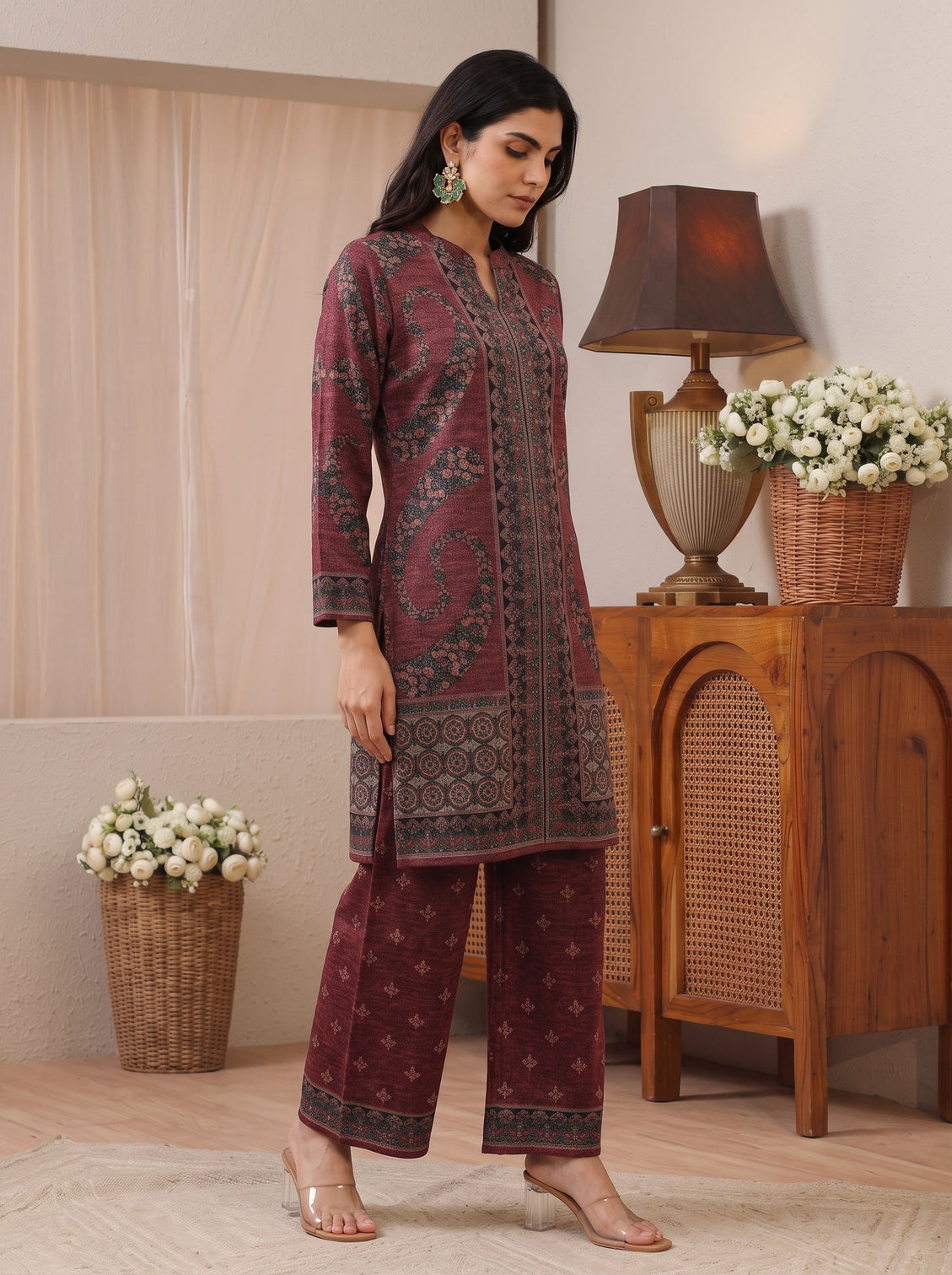 Mameraa Burgundy Floral Printed Woolen Co-Ord Set
