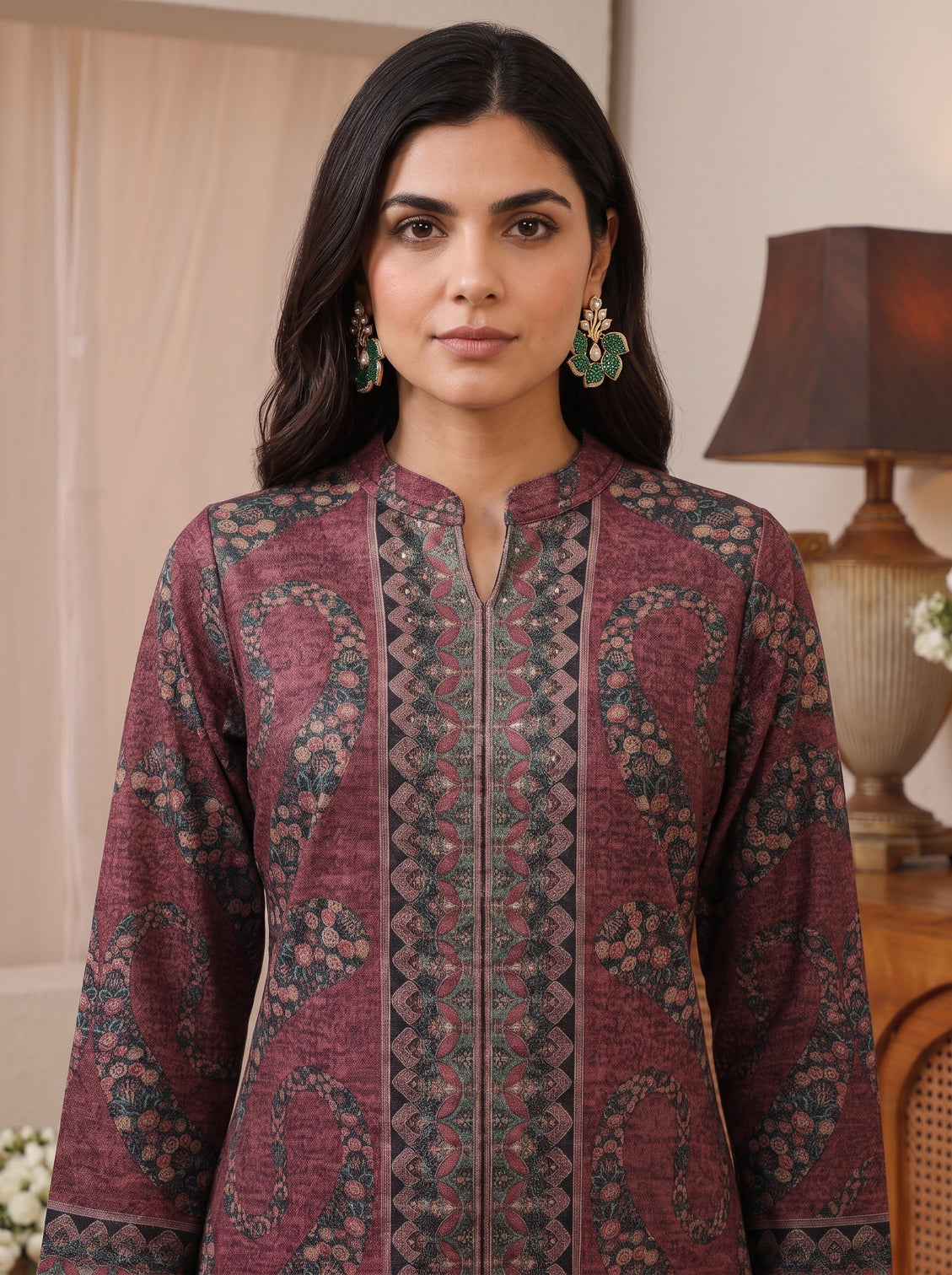Mameraa Burgundy Floral Printed Woolen Co-Ord Set
