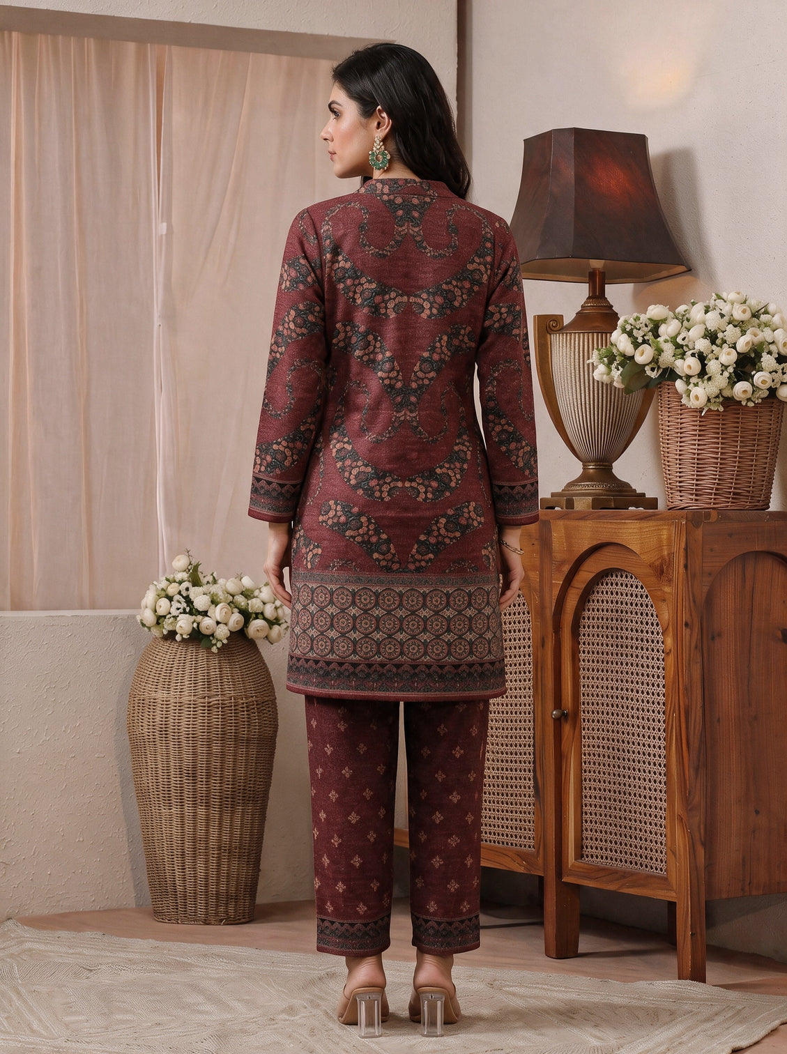 Mameraa Burgundy Floral Printed Woolen Co-Ord Set