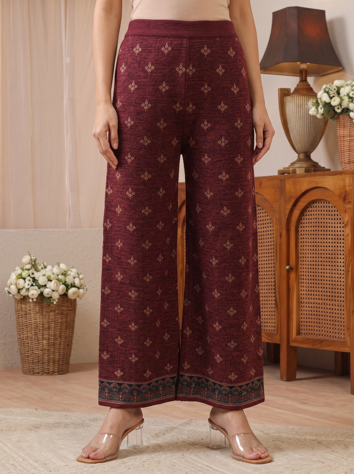 Mameraa Burgundy Floral Printed Woolen Co-Ord Set