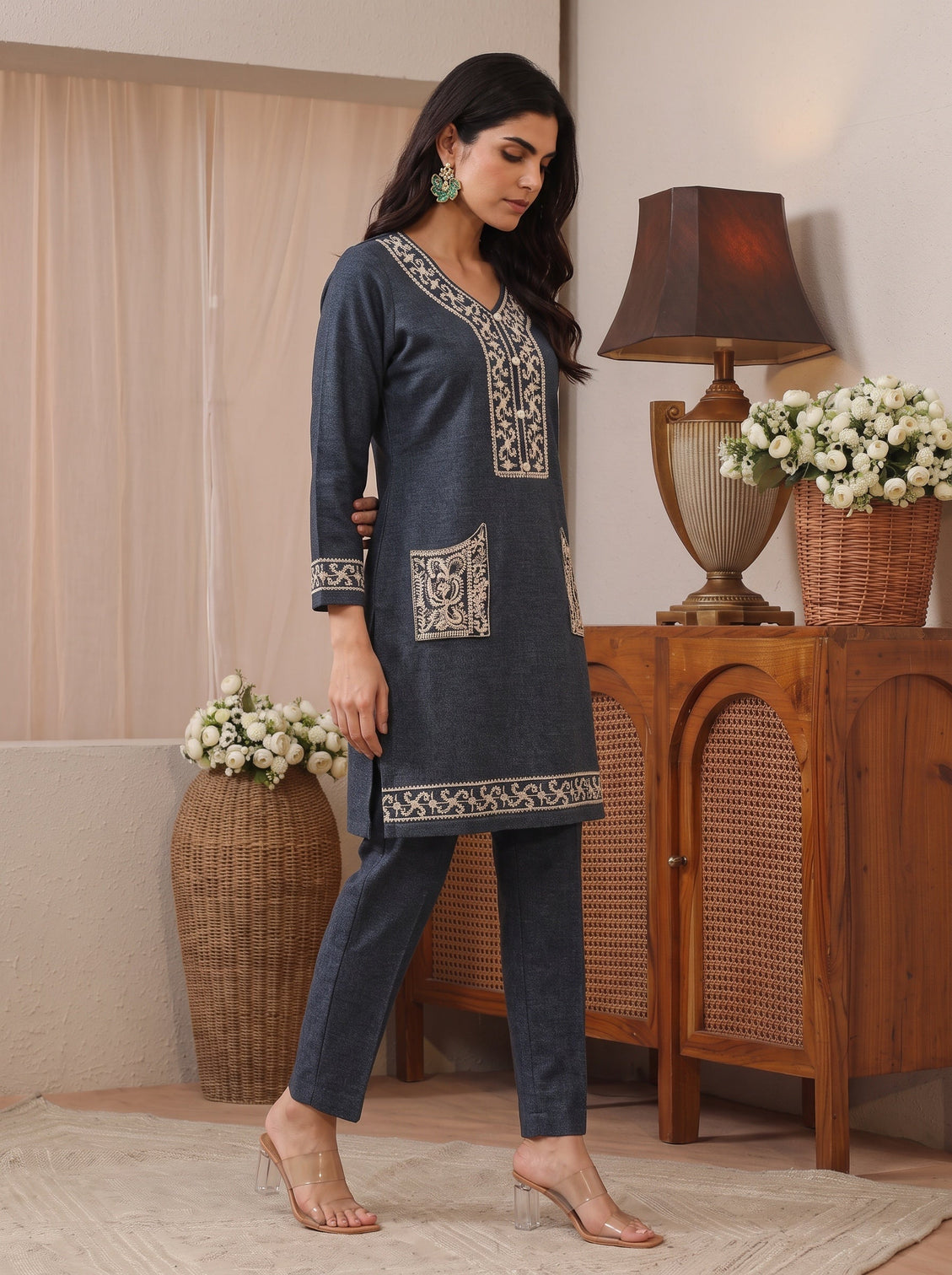 Mameraa Grey Floral Embroidered Woolen Co-Ord Set