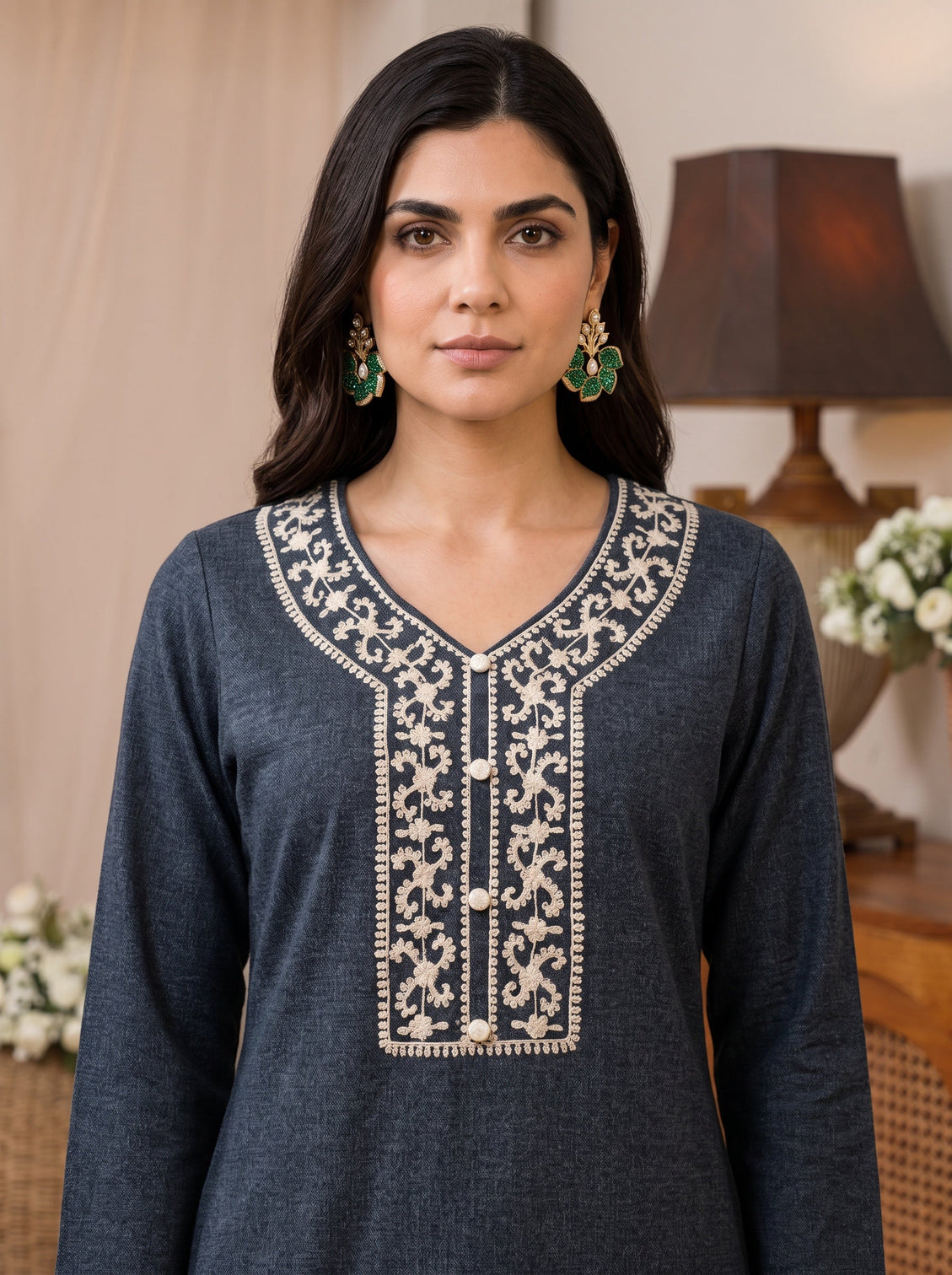 Mameraa Grey Floral Embroidered Woolen Co-Ord Set